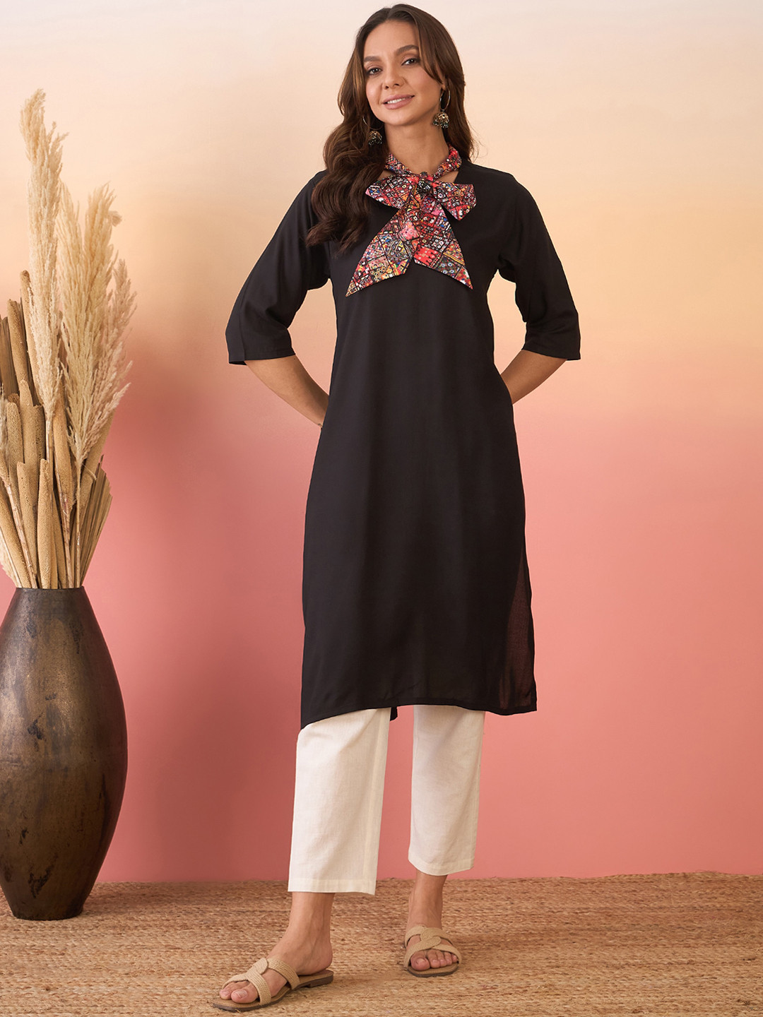 

InWeave Tie-Up Neck Three-Quarter Sleeves A-Line Kurta, Black