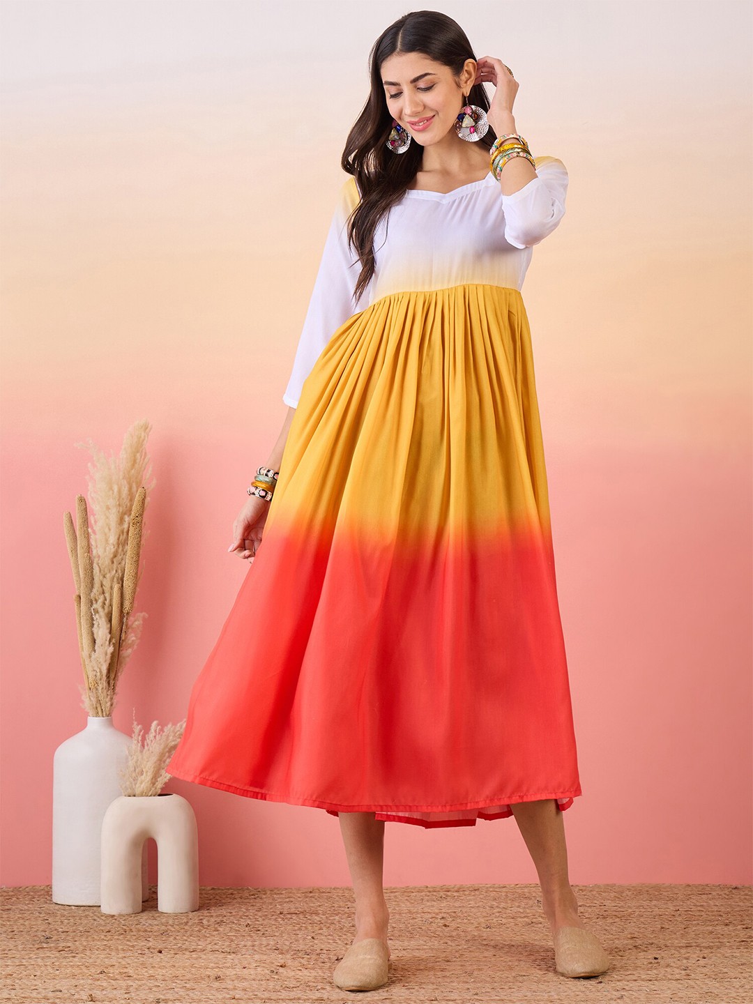 

InWeave Tie and Dye Colourblocked Sweetheart Neck Three-Quarter Sleeves A-Line Midi Dress, Yellow