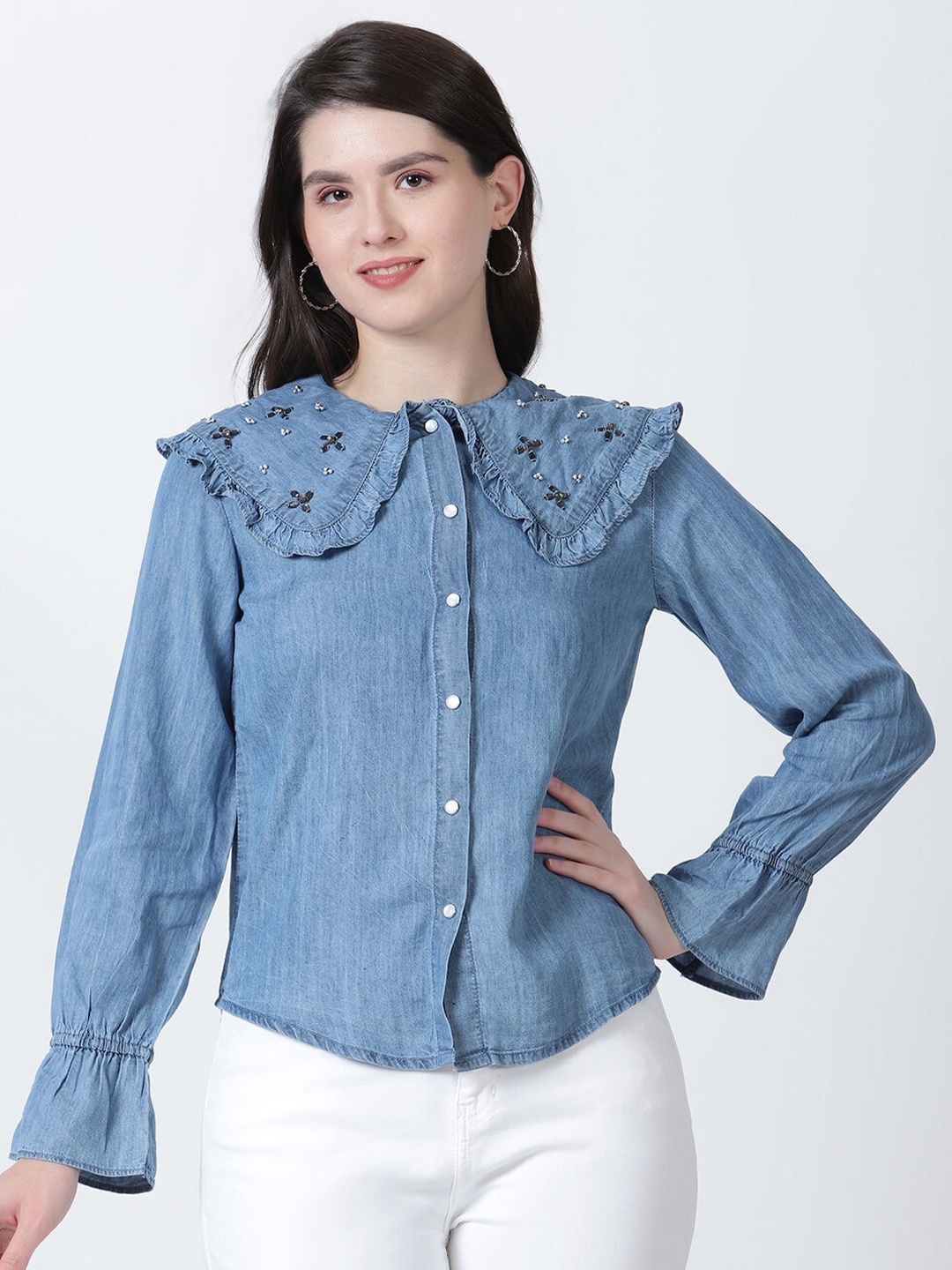 

DRAPE AND DAZZLE Floral Bell Sleeve Cotton Denim Shirt Style Top, Blue