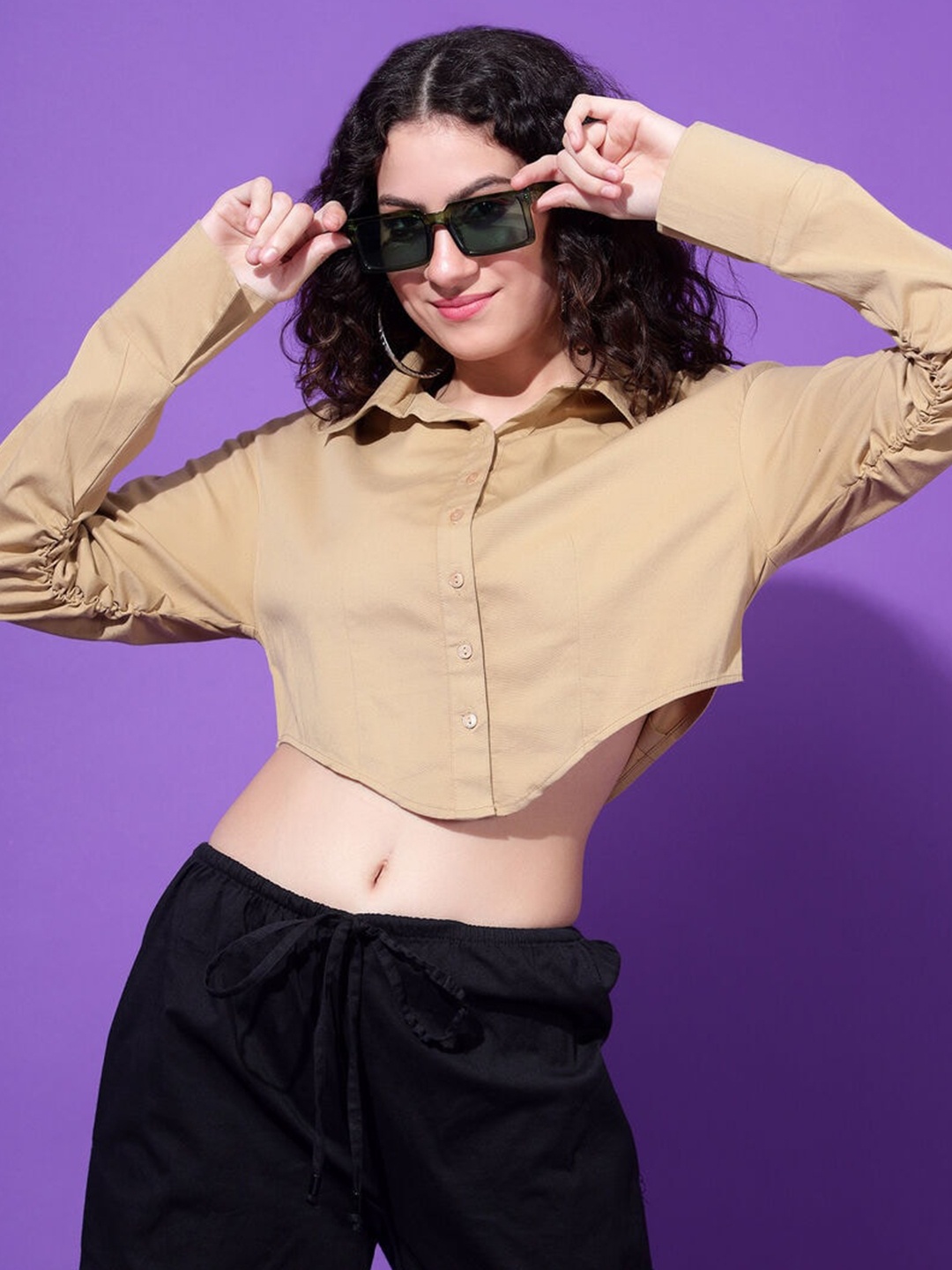 

DRAPE AND DAZZLE Shirt Style Crop Top, Beige