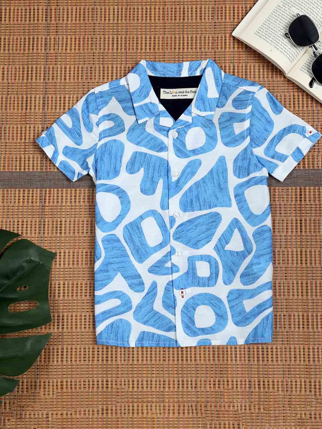 

The Lion and The Fish Boys Relaxed Fit Abstract Printed Cuban Collar Shirt, Blue