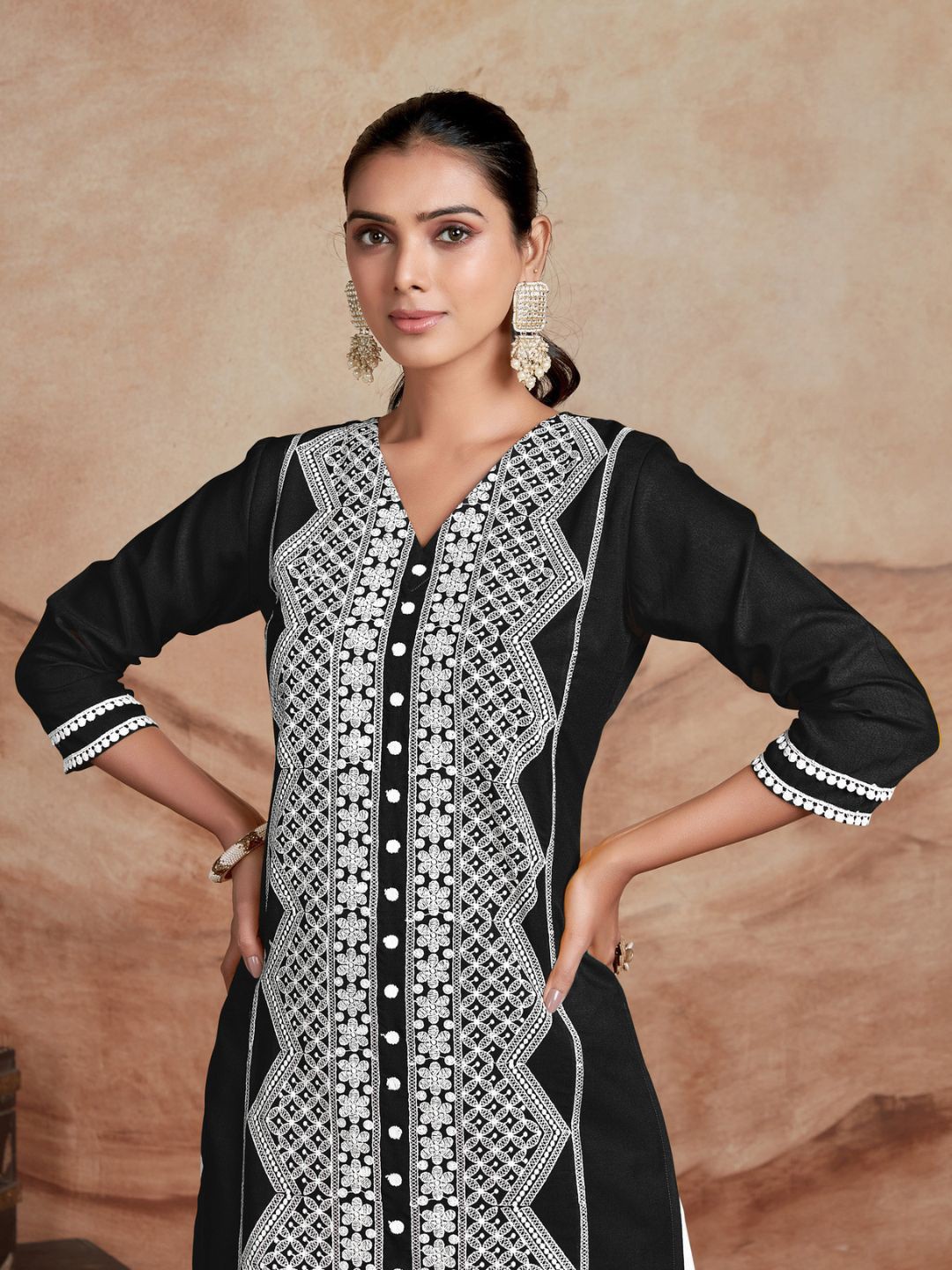 

KALINI Chikankari Embroidered Straight Kurta, Black