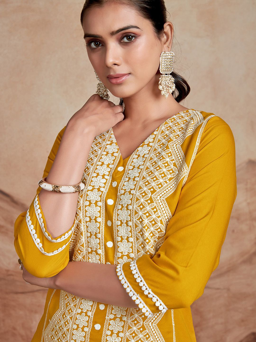 

KALINI Chikankari Embroidery Straight Kurta, Mustard