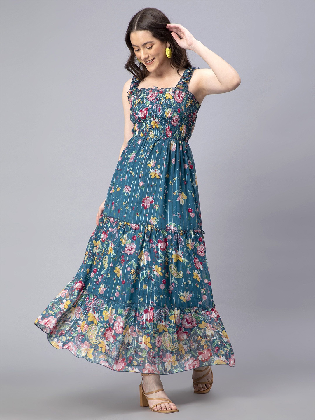 

DRAPE AND DAZZLE Floral Print Shoulder Straps Maxi Dress, Blue