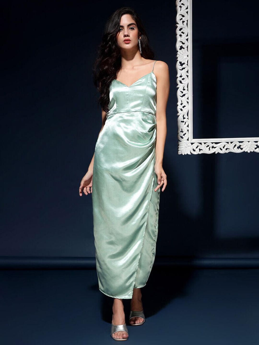 

DRAPE AND DAZZLE Shoulder Straps V-Neck Straight Maxi Dress, Sea green