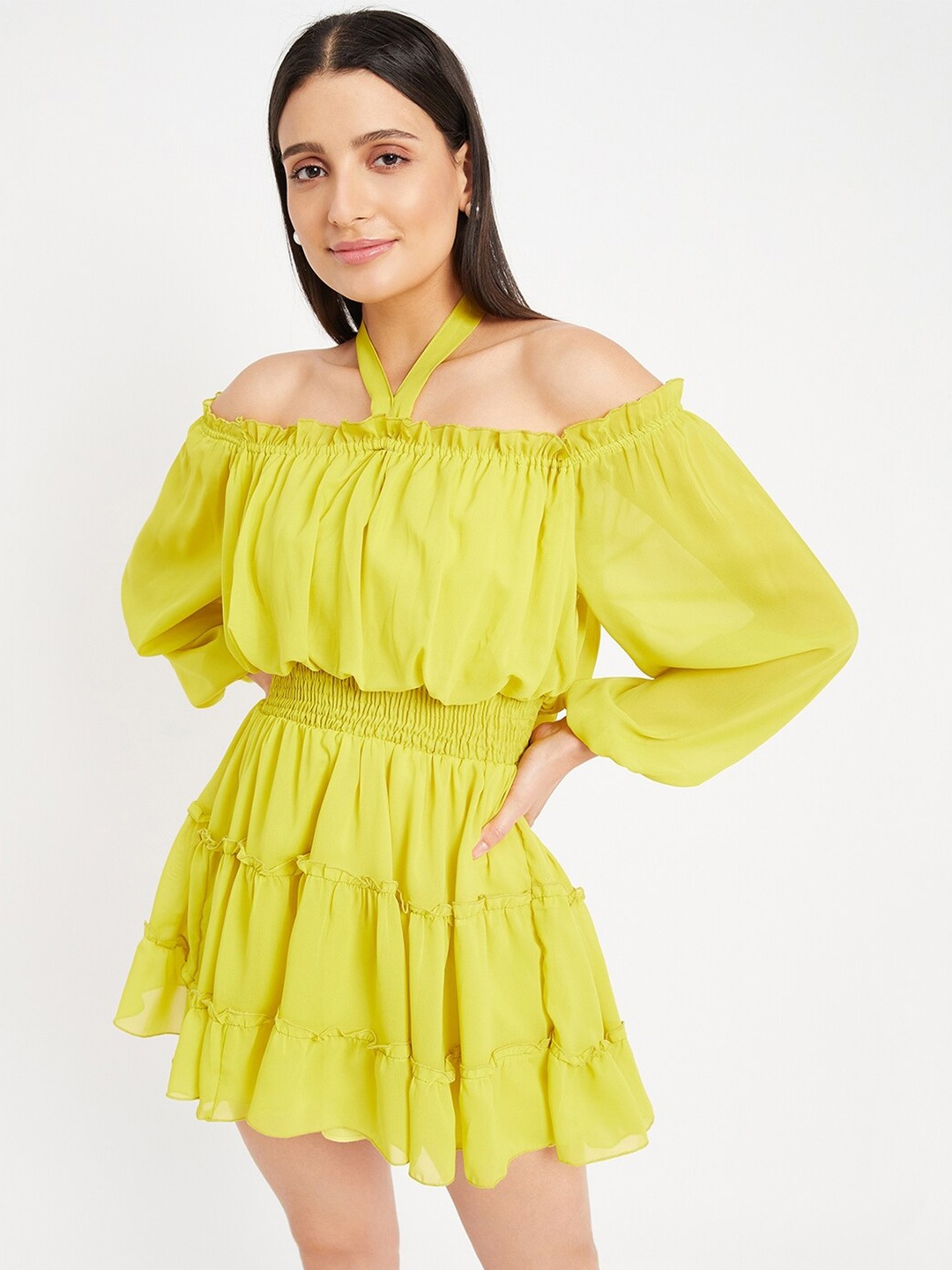 

DRAPE AND DAZZLE Off-Shoulder Puff Sleeve Fit & Flare Dress, Yellow