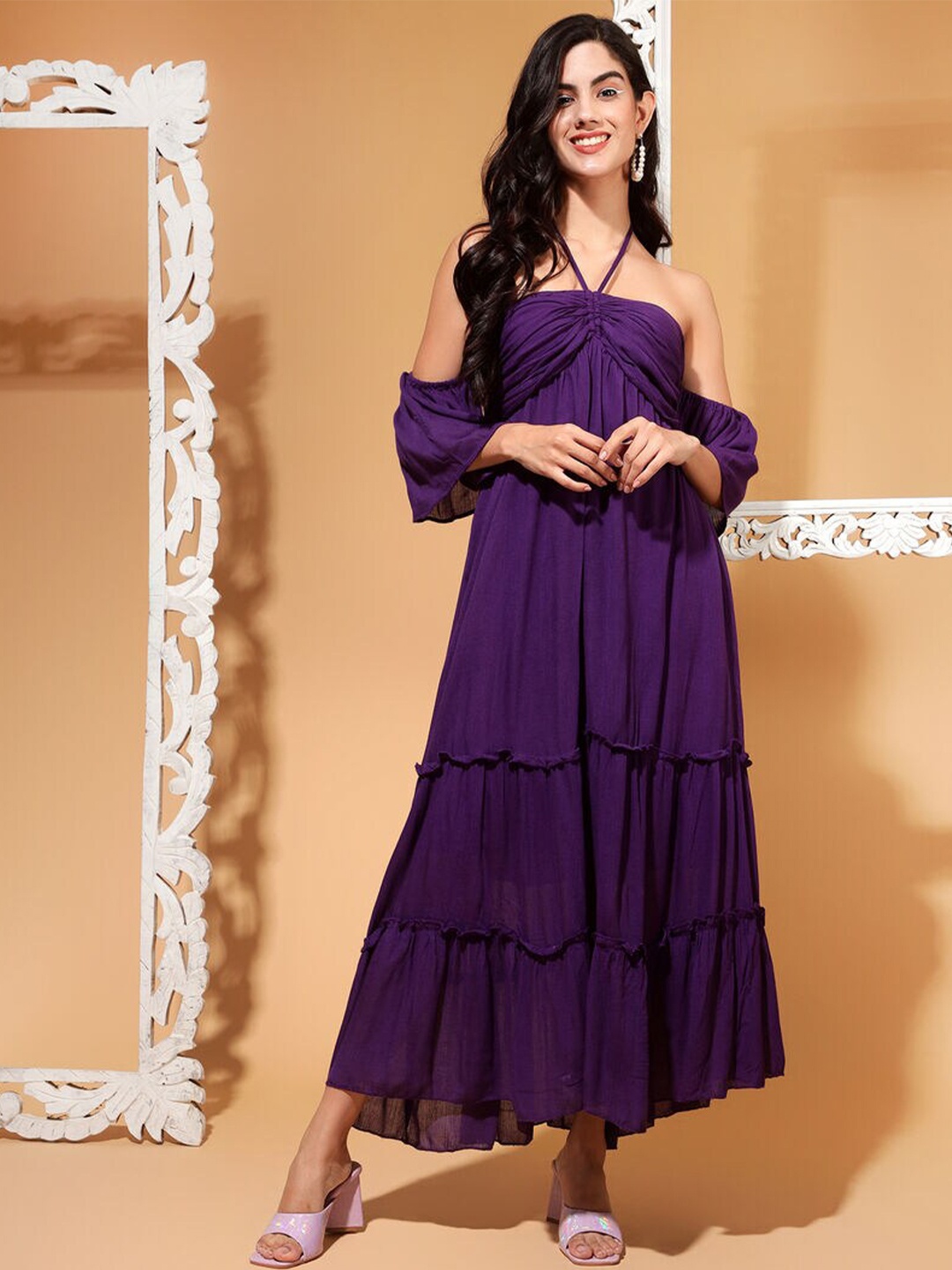 

DRAPE AND DAZZLE Cold-Shoulder Sleeves Net Maxi Dress, Purple