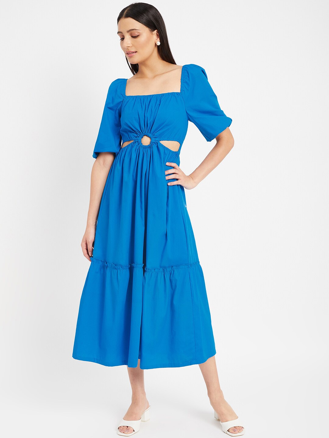 

DRAPE AND DAZZLE Fit & Flare Cotton Midi Dress, Blue