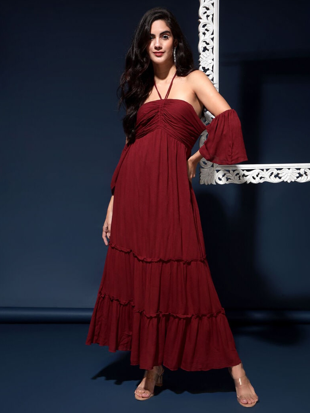 

DRAPE AND DAZZLE Halter Neck Net Maxi Dress, Maroon