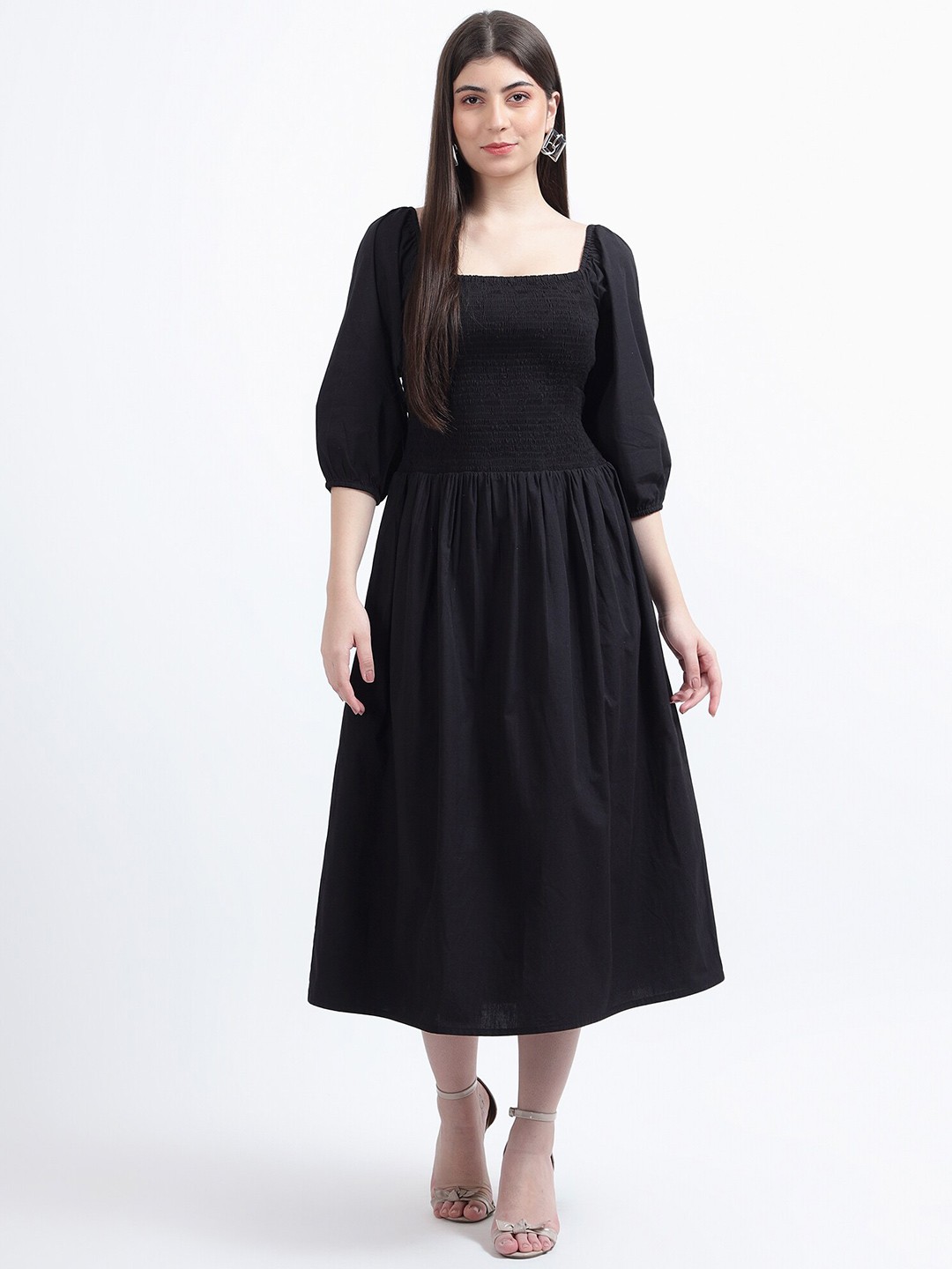 

DRAPE AND DAZZLE Square Neck Puff Sleeve Flared Cotton Fit & Flare Midi Dress, Black