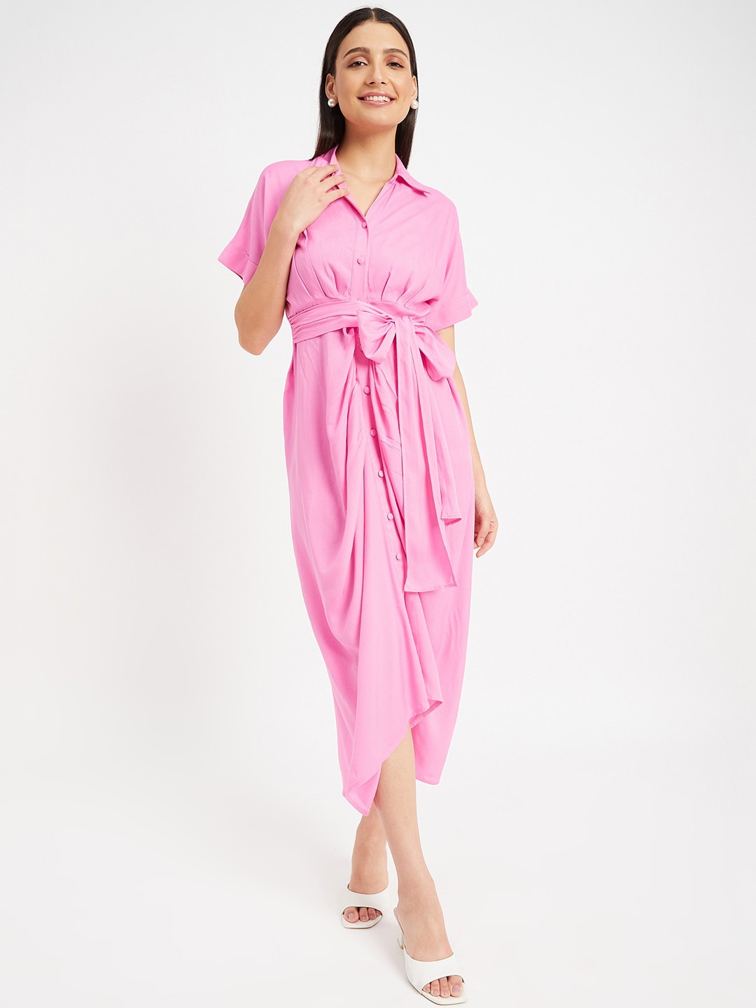 

DRAPE AND DAZZLE Shirt Collar Extended Sleeves Cotton Shirt Midi Dress, Pink