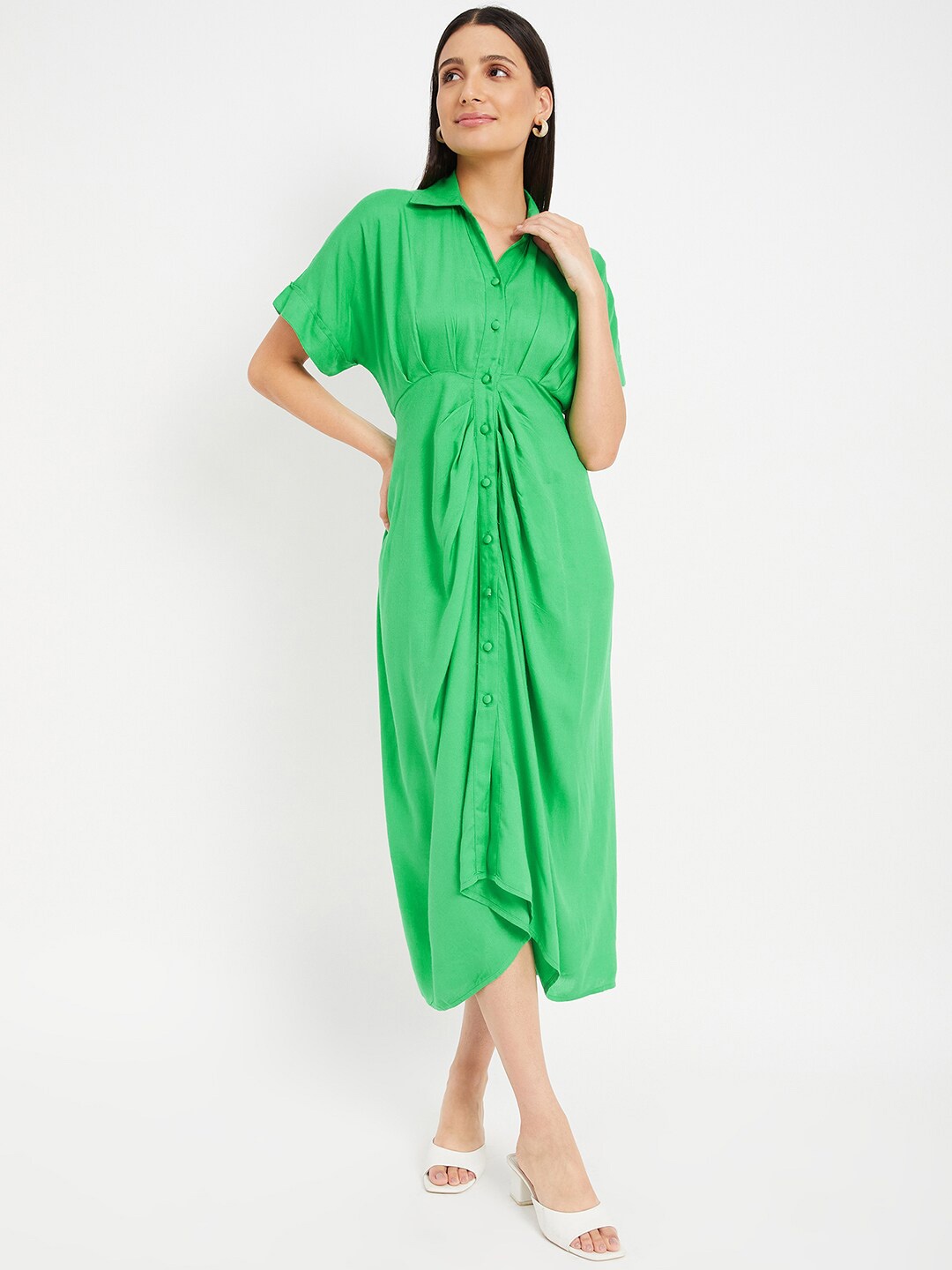 

DRAPE AND DAZZLE Short Extended Sleeves Shirt Midi Dress, Green
