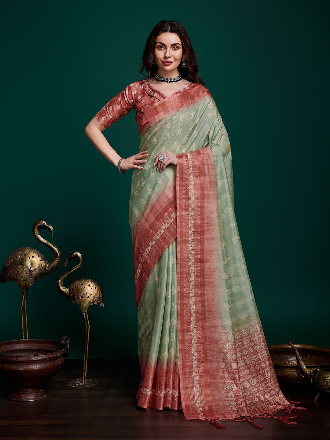 

Mitera Woven Design Embroidered Saree, Green