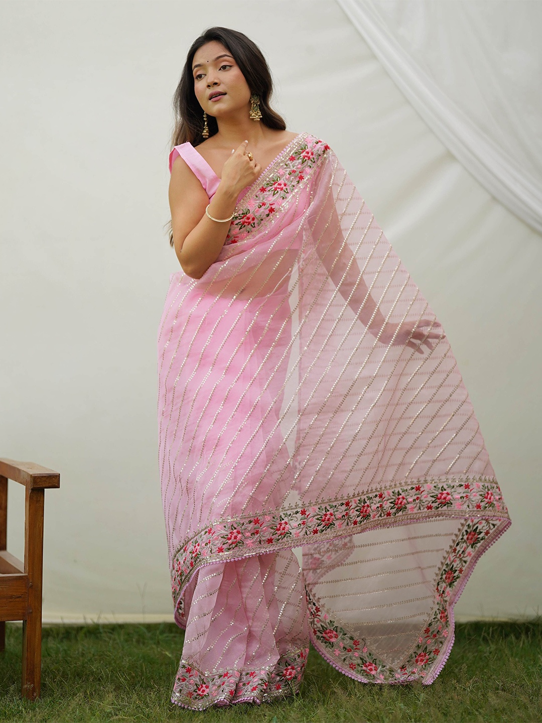 

DEVATITHI Striped Embroidered Organza Saree, Pink