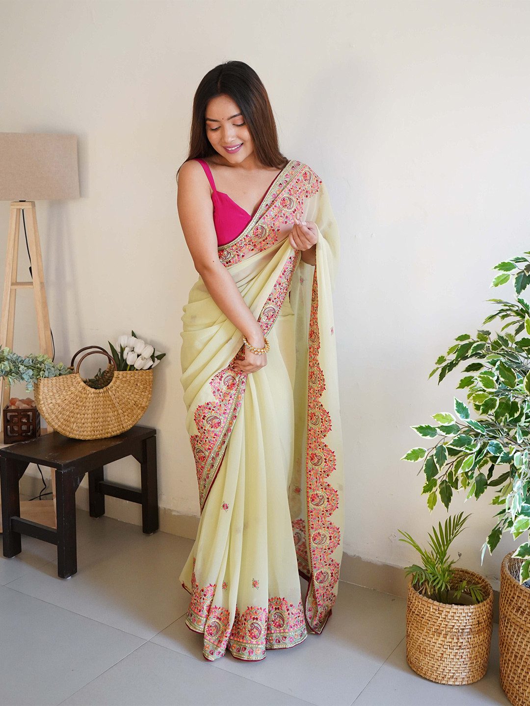 

DEVATITHI Floral Beads and Stones Poly Georgette Saree, Yellow