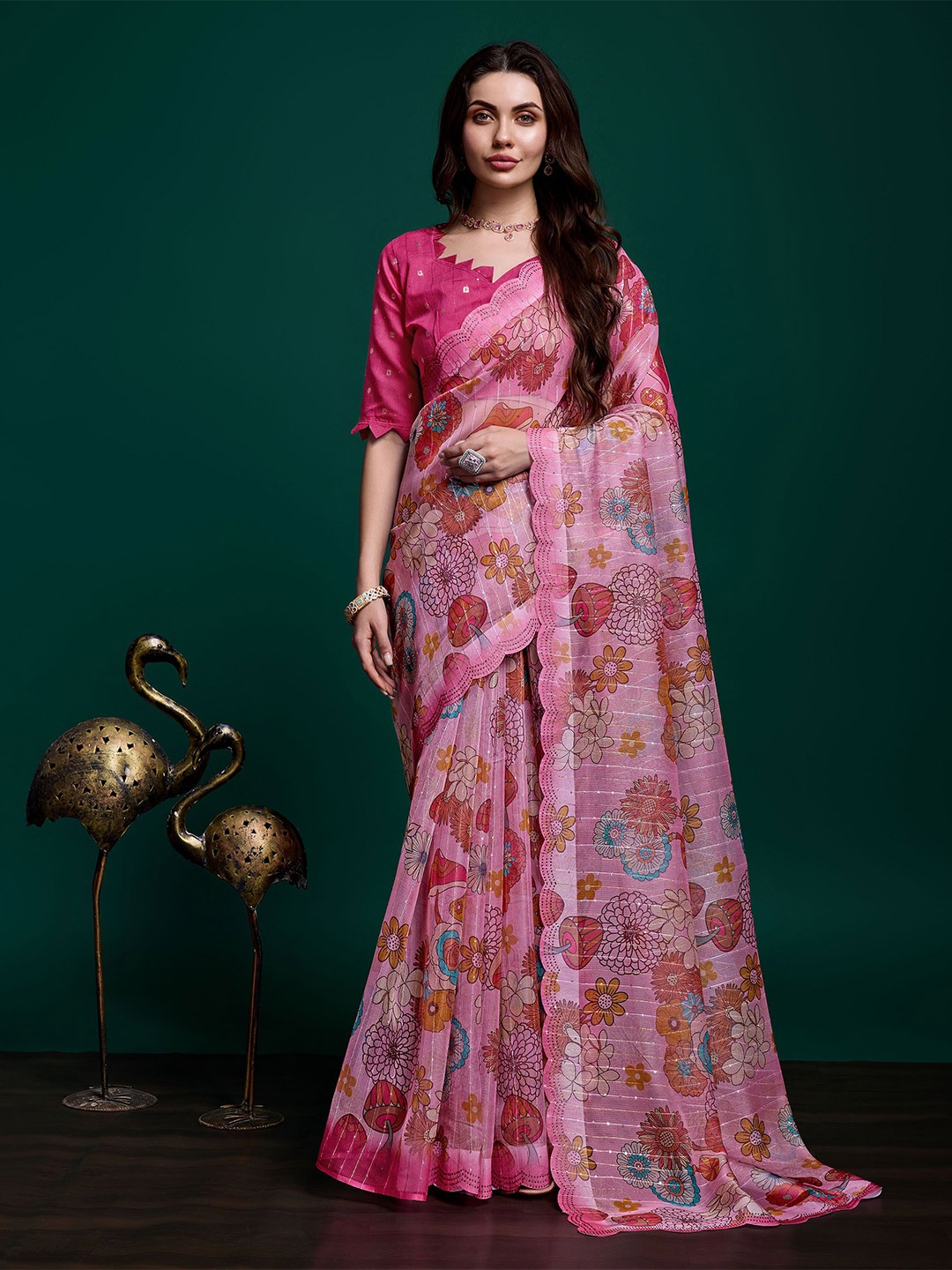 

Mitera Floral Sequinned Organza Saree, Pink
