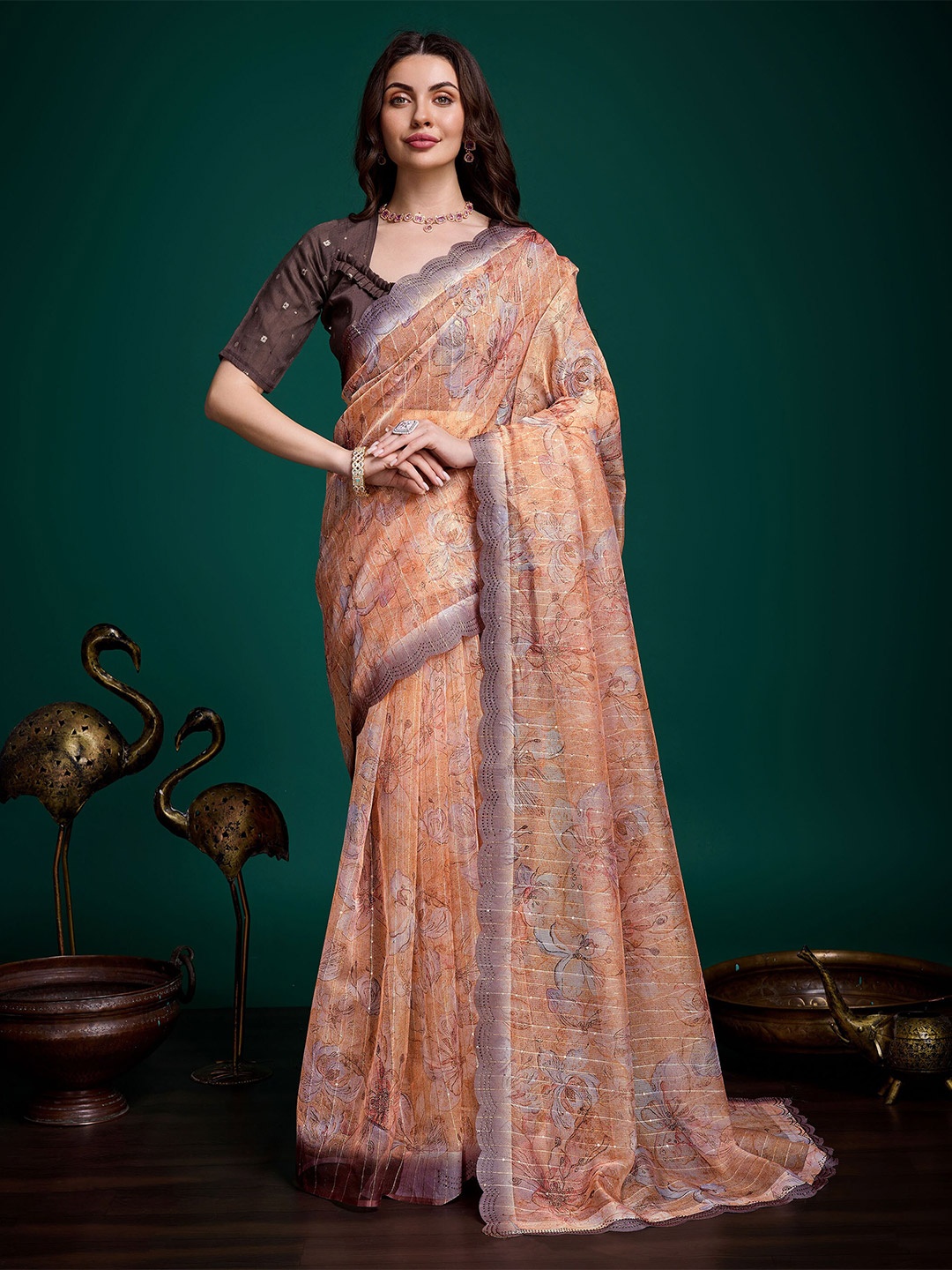 

Mitera Floral Beads and Stones Organza Saree, Orange
