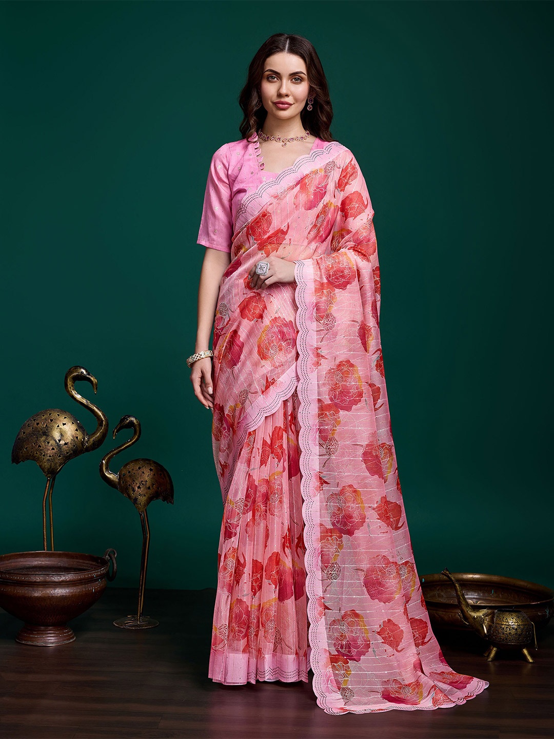

Mitera Floral Beads and Stones Organza Saree, Pink
