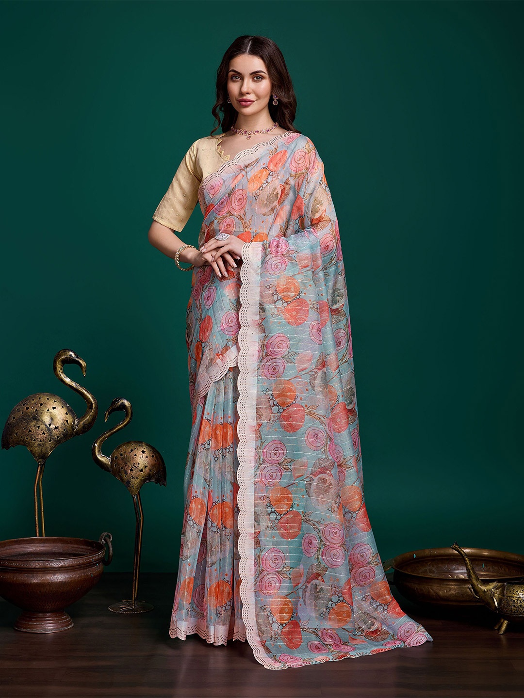 Mitera Floral Sequinned Organza Saree, Beige