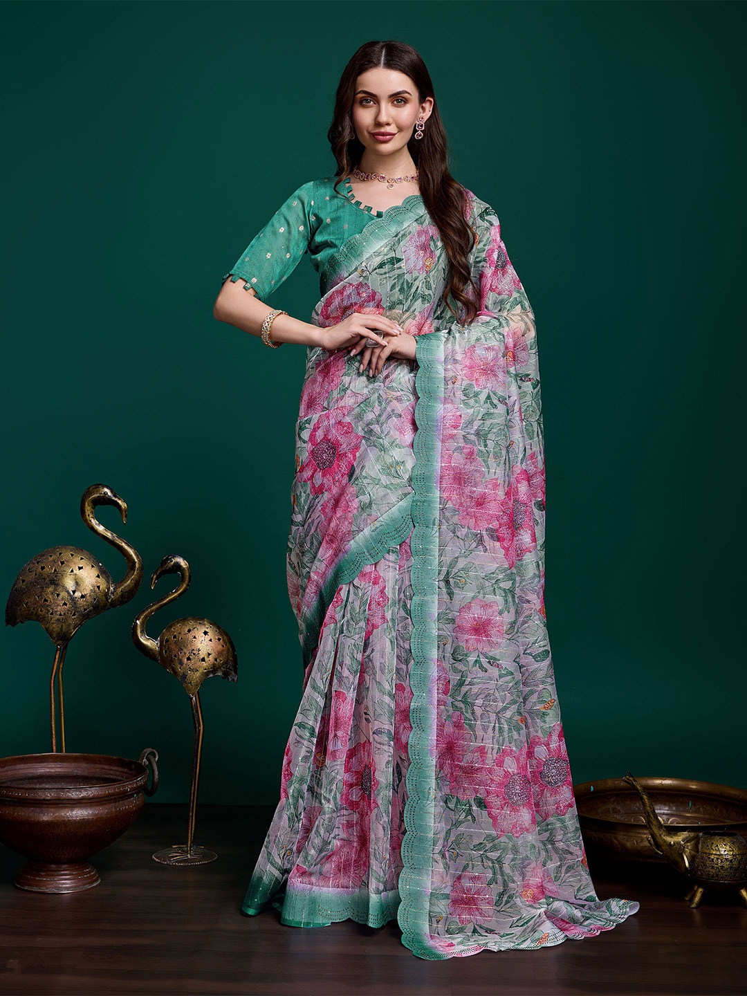 Mitera Floral Beads and Stones Organza Saree, Green