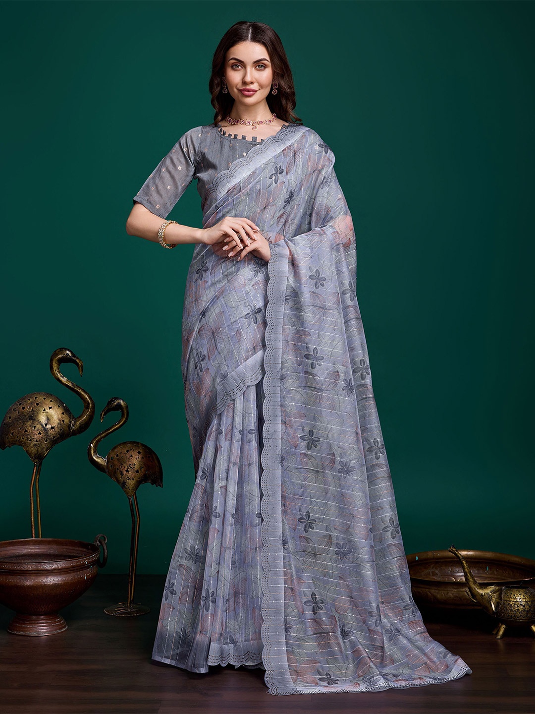 

Mitera Floral Sequinned Organza Saree, Grey