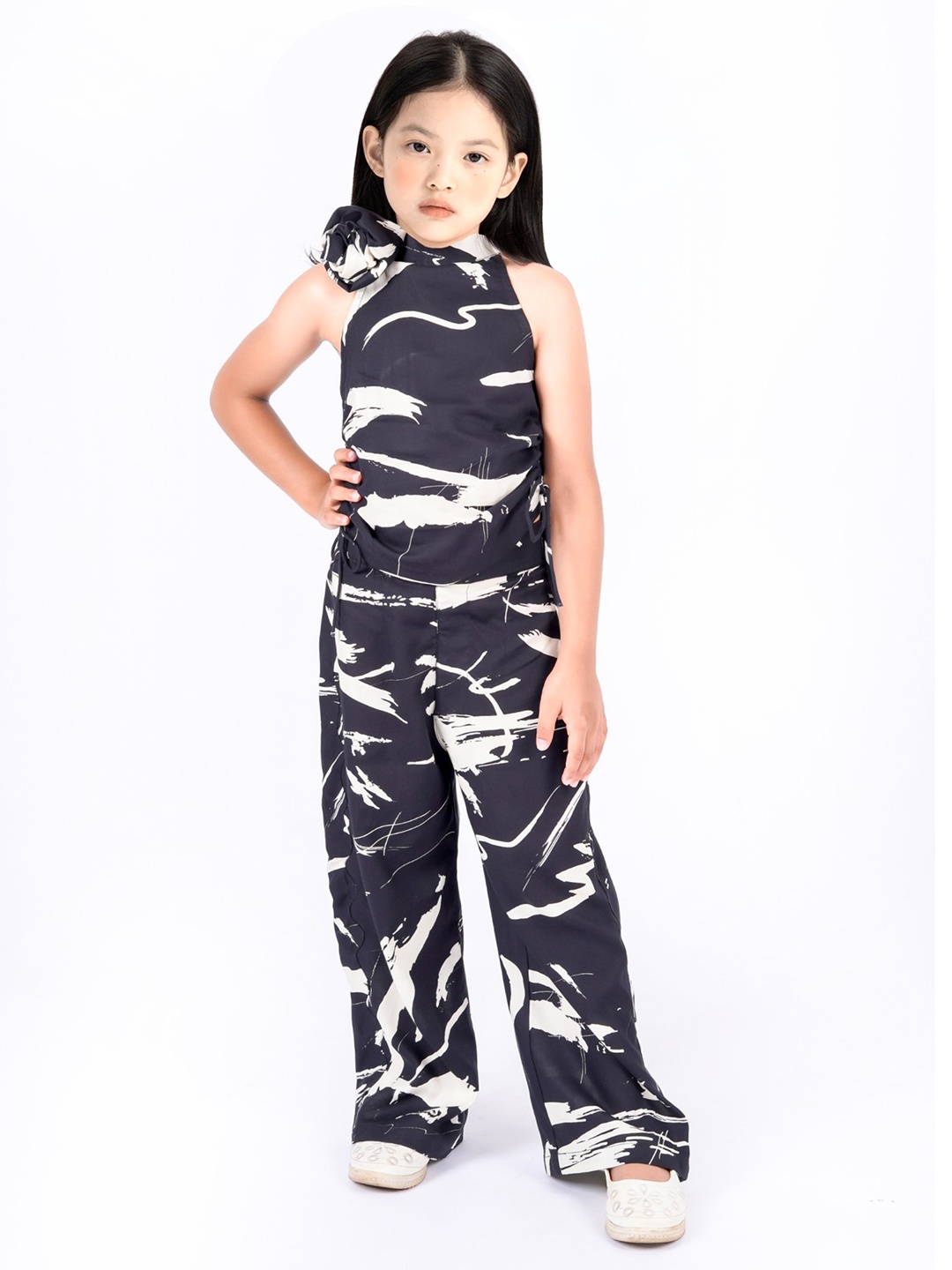 

Safehugs Girls Printed Pure Cotton Relaxed Fit Top with Palazzos, Black