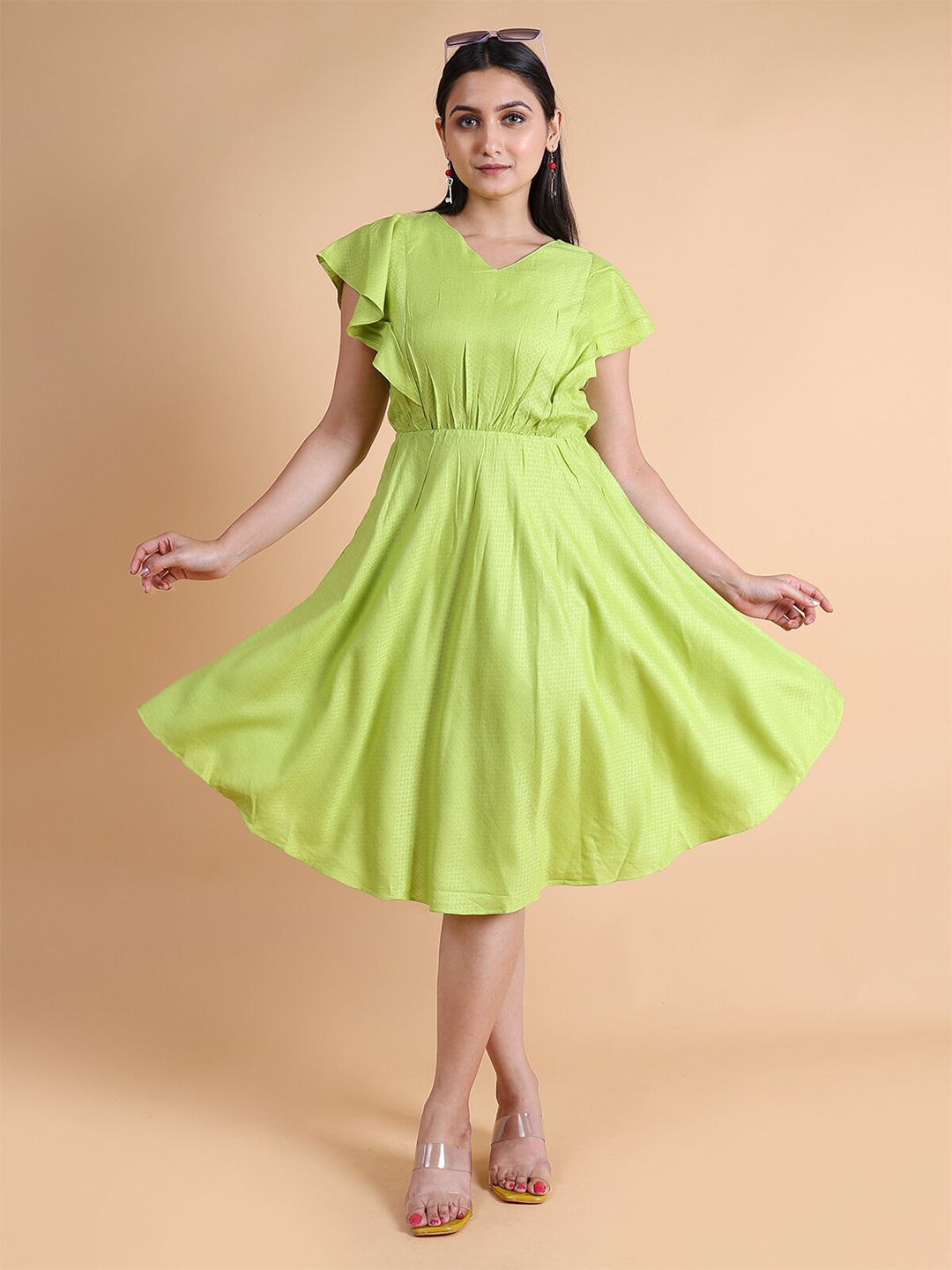 

GRANTH FASHION Flutter Sleeves Jacquard Empire Midi Dress, Green