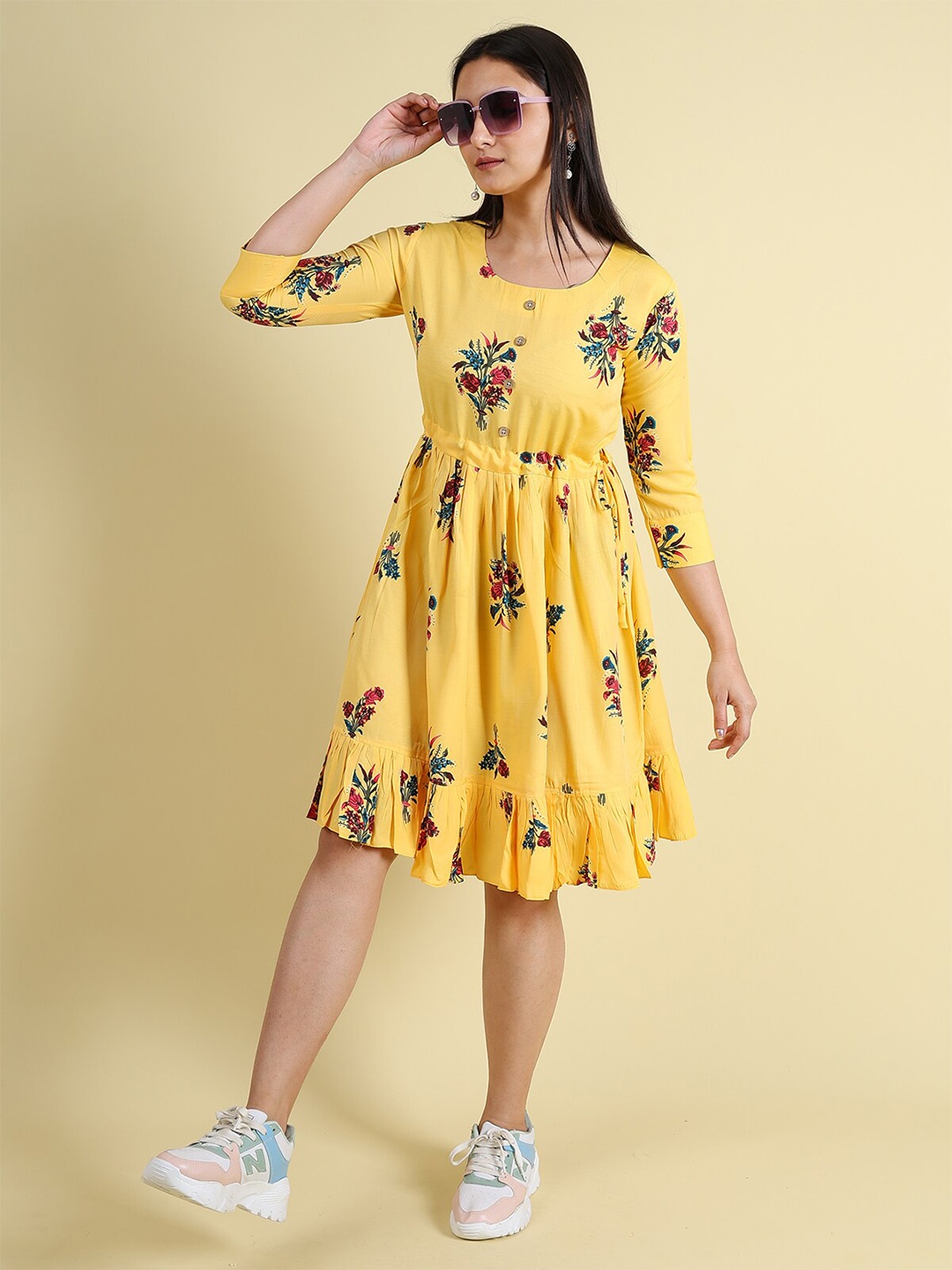 

GRANTH FASHION Floral Printed Jacquard Fit & Flare Dress, Yellow