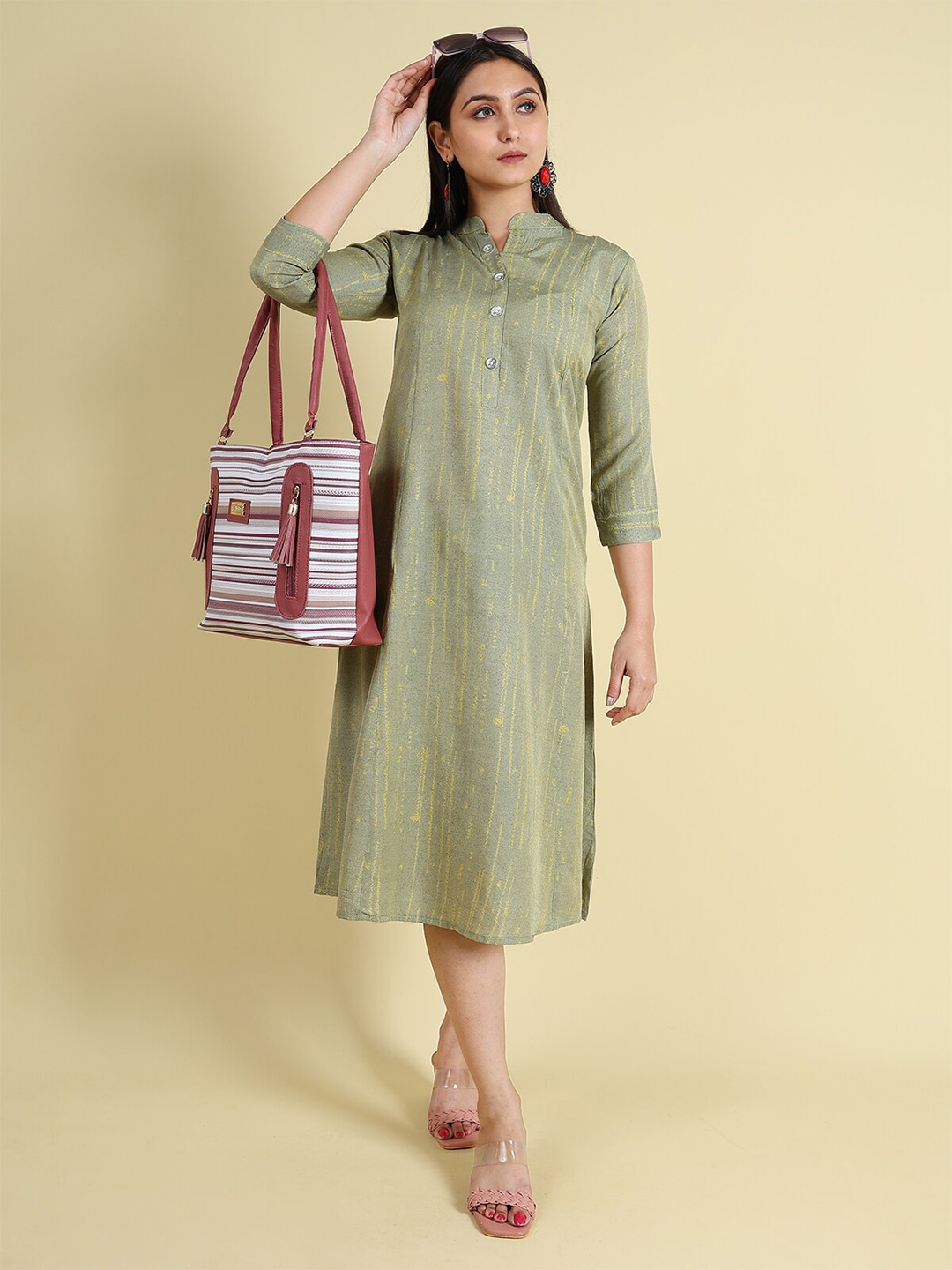 

GRANTH FASHION Striped Jacquard Mandarin Collar Silk Midi Dress, Green