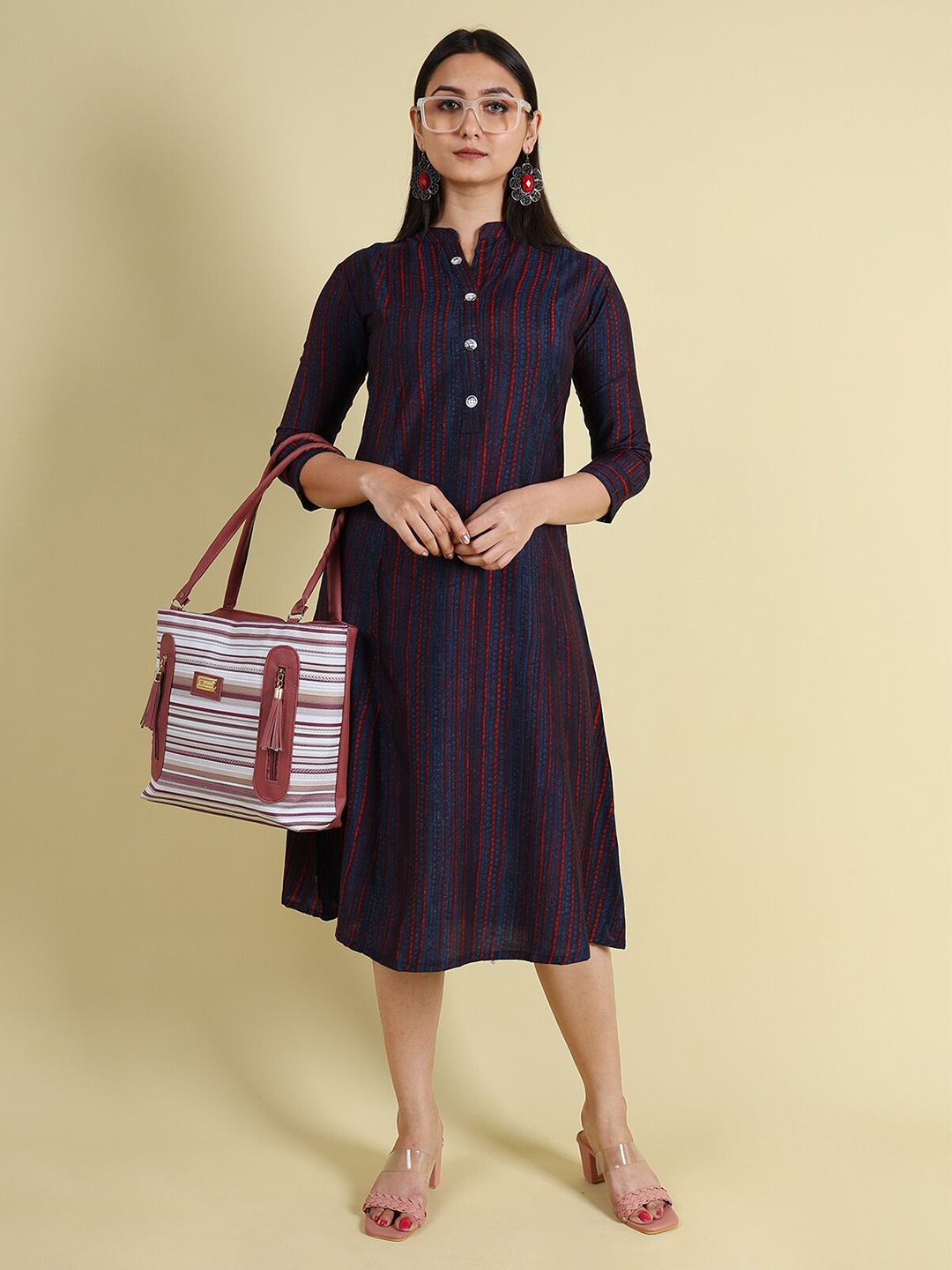 

GRANTH FASHION Striped Mandarin Collar Jacquard Silk A-Line Midi Dress, Blue