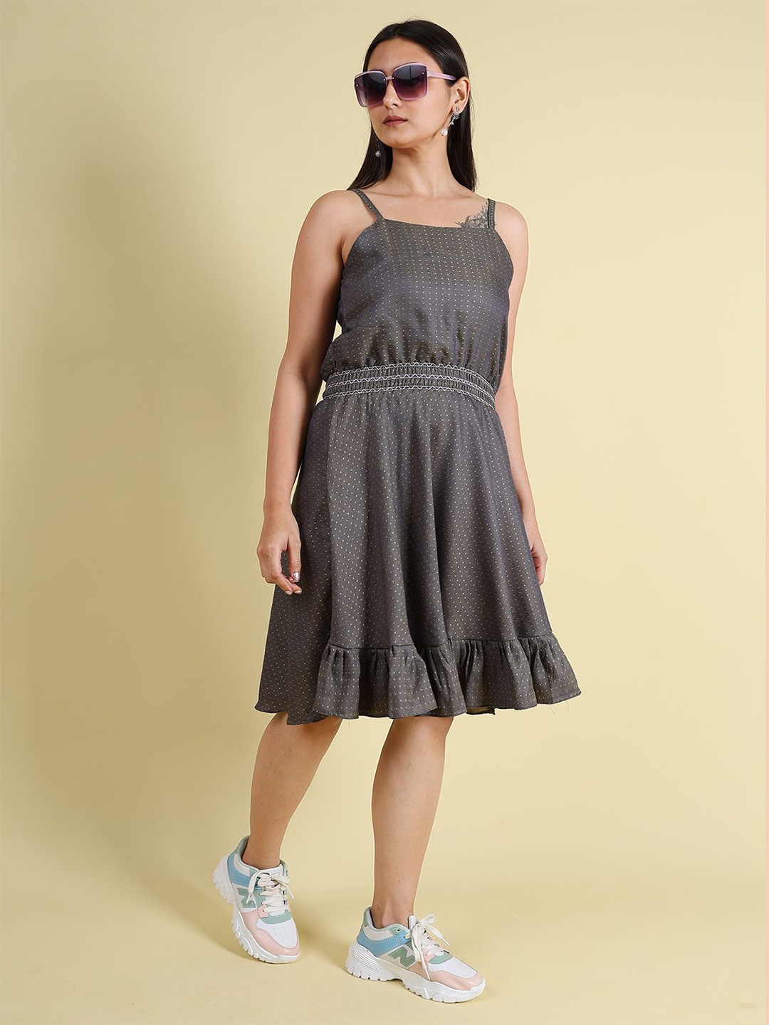 

GRANTH FASHION Shoulder Straps Jacquard Fit & Flare Dress, Grey