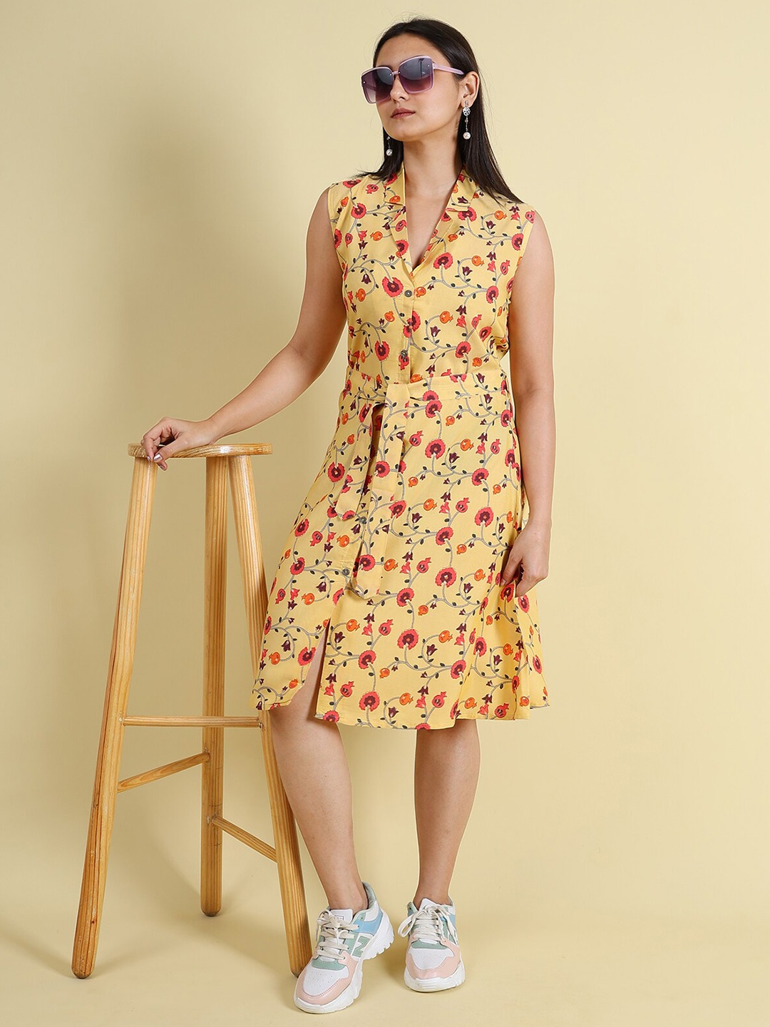 

GRANTH FASHION Floral Printed Sleeveless Jacquard Silk A-Line Dress, Yellow