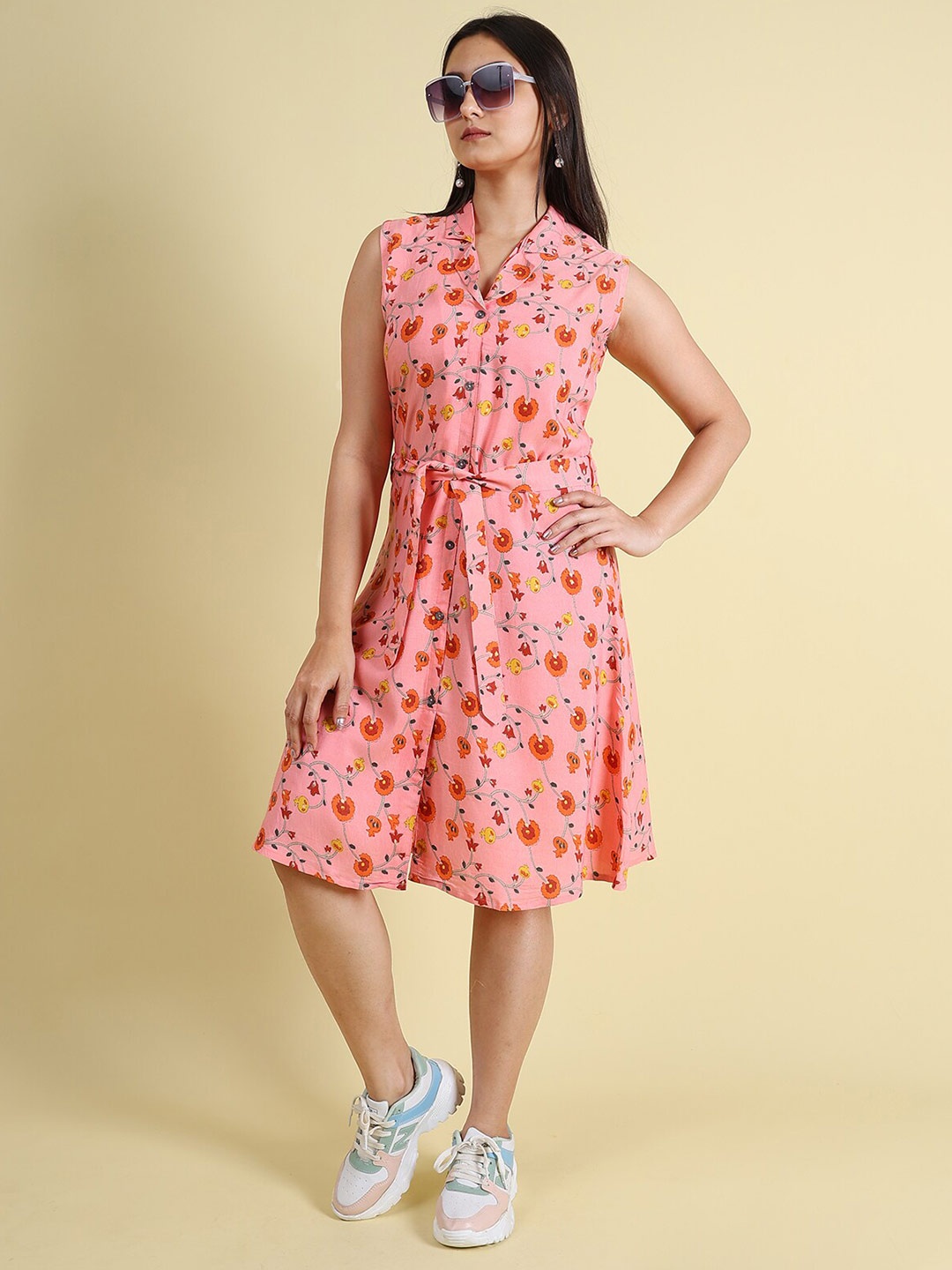 

GRANTH FASHION Floral Printed Jacquard Sleeveless A-Line Dress, Pink