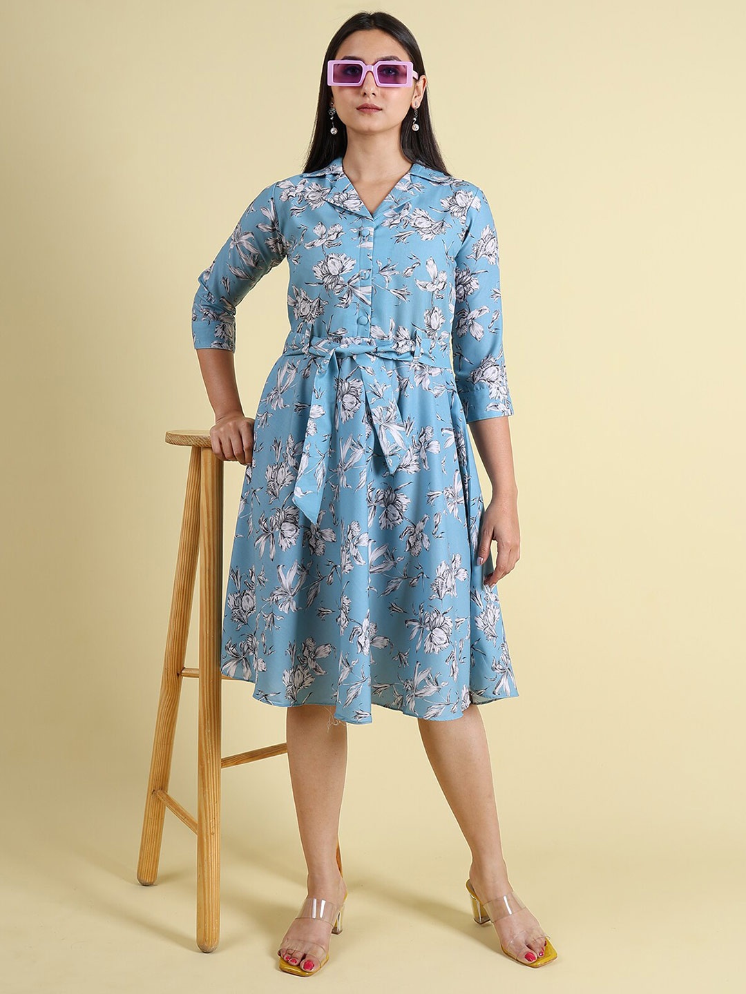 

GRANTH FASHION Floral Printed Linen A-Line Dress, Blue