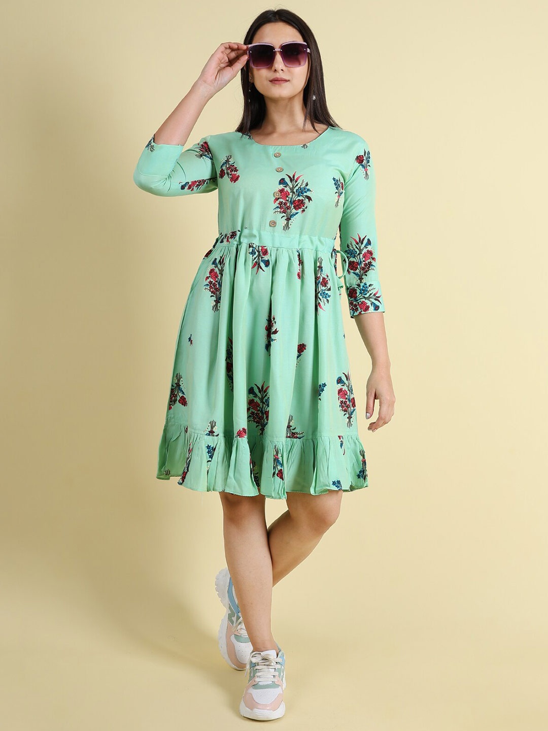 

GRANTH FASHION Floral Printed Jacquard Fit & Flare Dress, Green