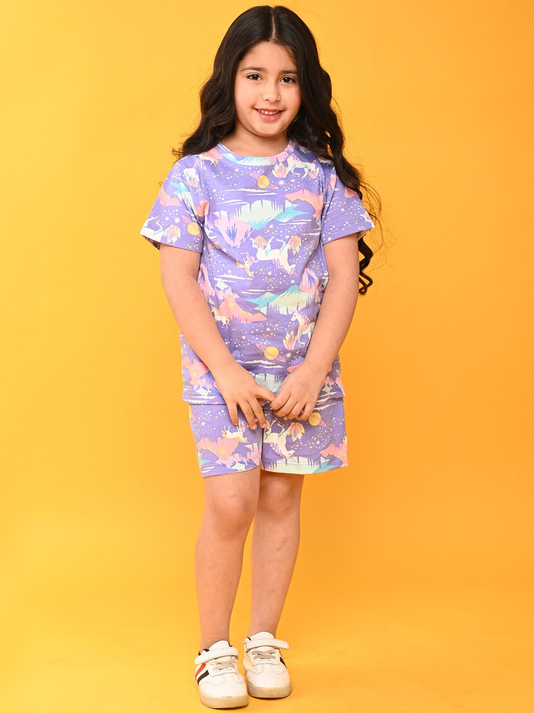

Anthrilo Girls Graphic Printed Round Neck Short Sleeves T-Shirt & Shorts, Purple
