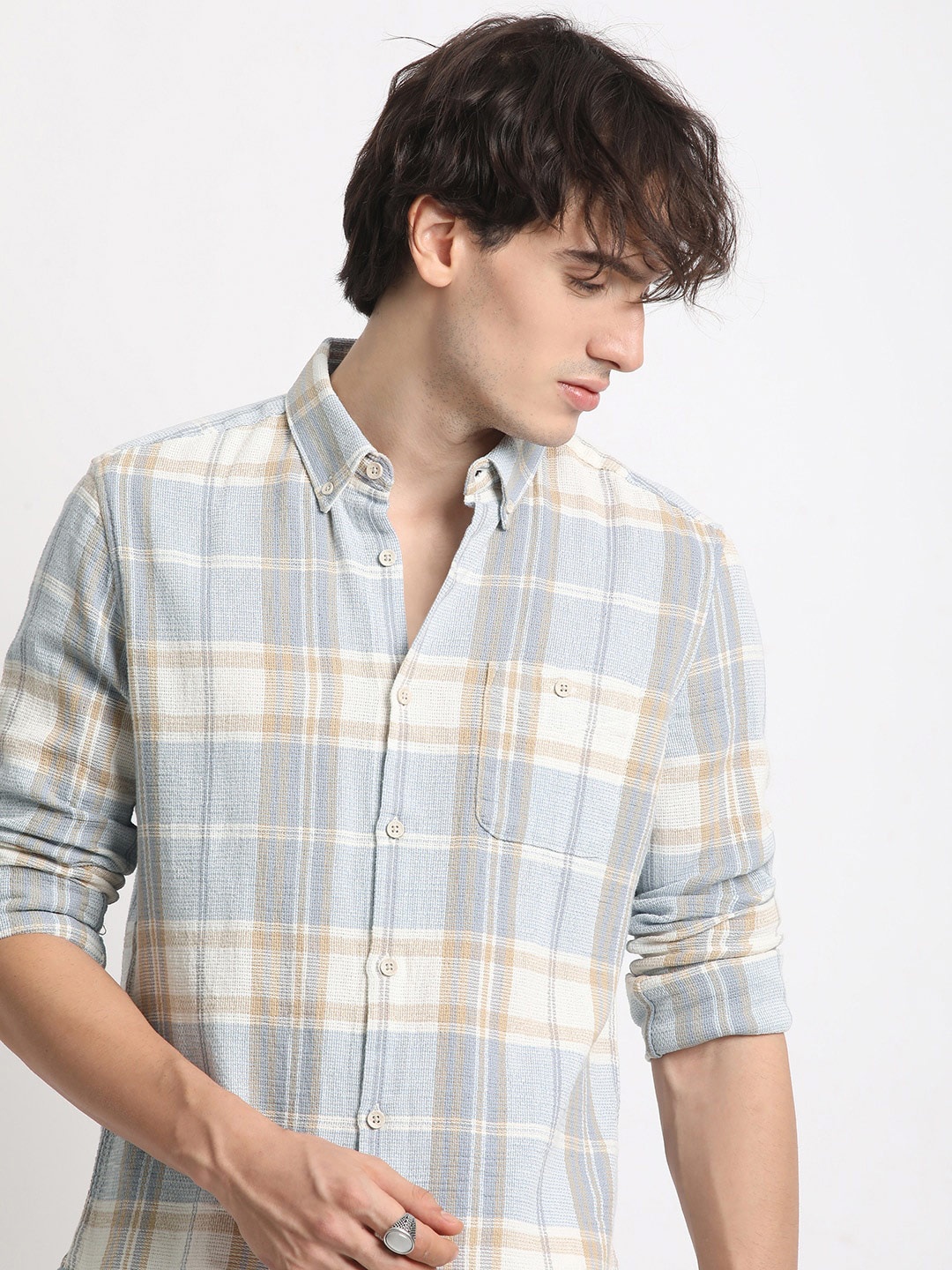 

THE BEAR HOUSE Slim Fit Tartan Checked Button-Down Collar Long Sleeves Cotton Casual Shirt, Blue