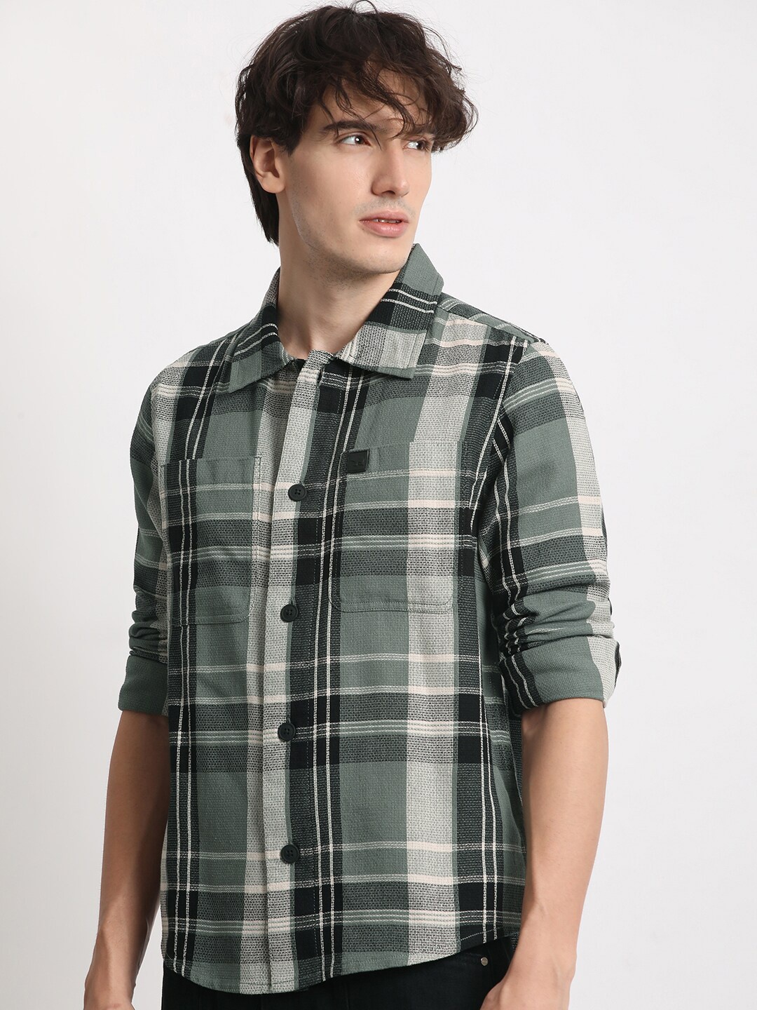 

THE BEAR HOUSE Checked Spread Collar Regular Fit Pure Cotton Casual Shacket, Green