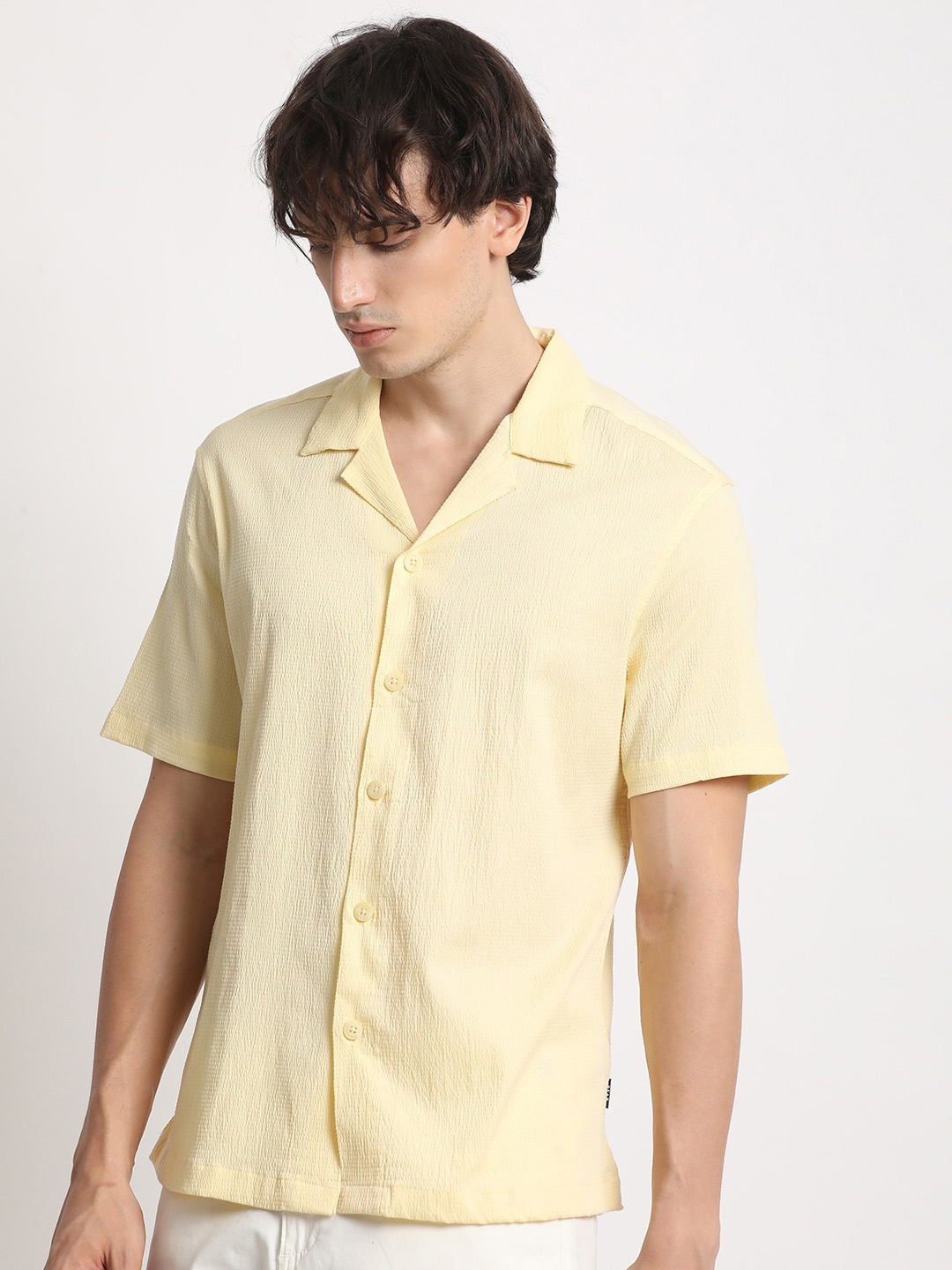 

THE BEAR HOUSE Cuban Collar Solid Regular Fit Casual Shirt, Yellow