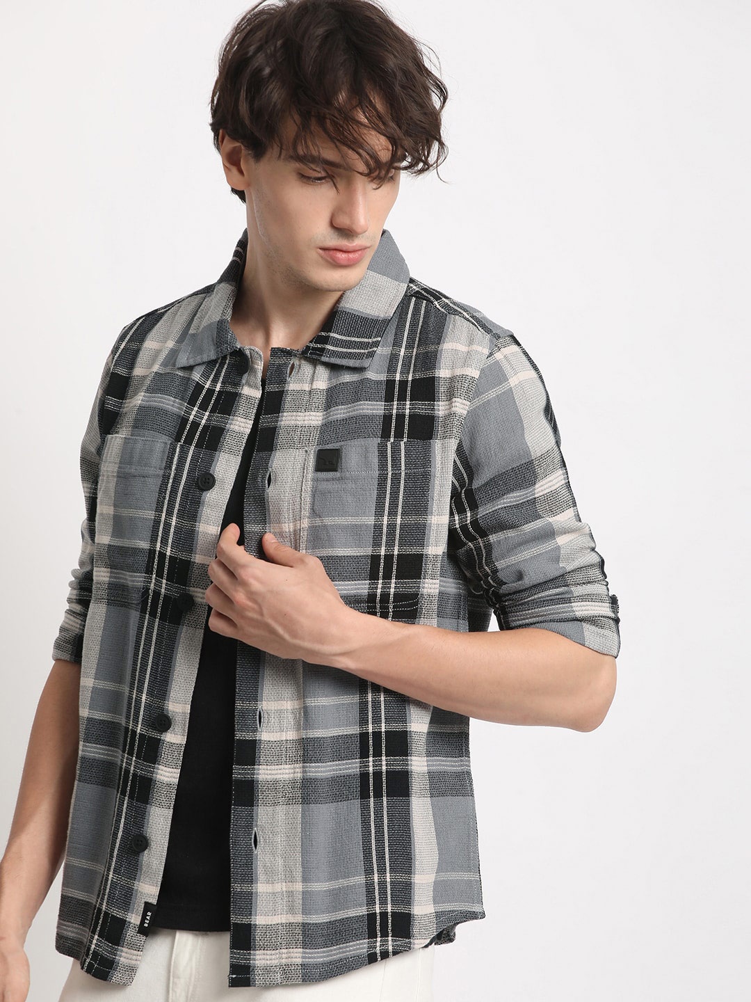 

THE BEAR HOUSE Men Checked Regular Fit Cotton Shacket, Grey