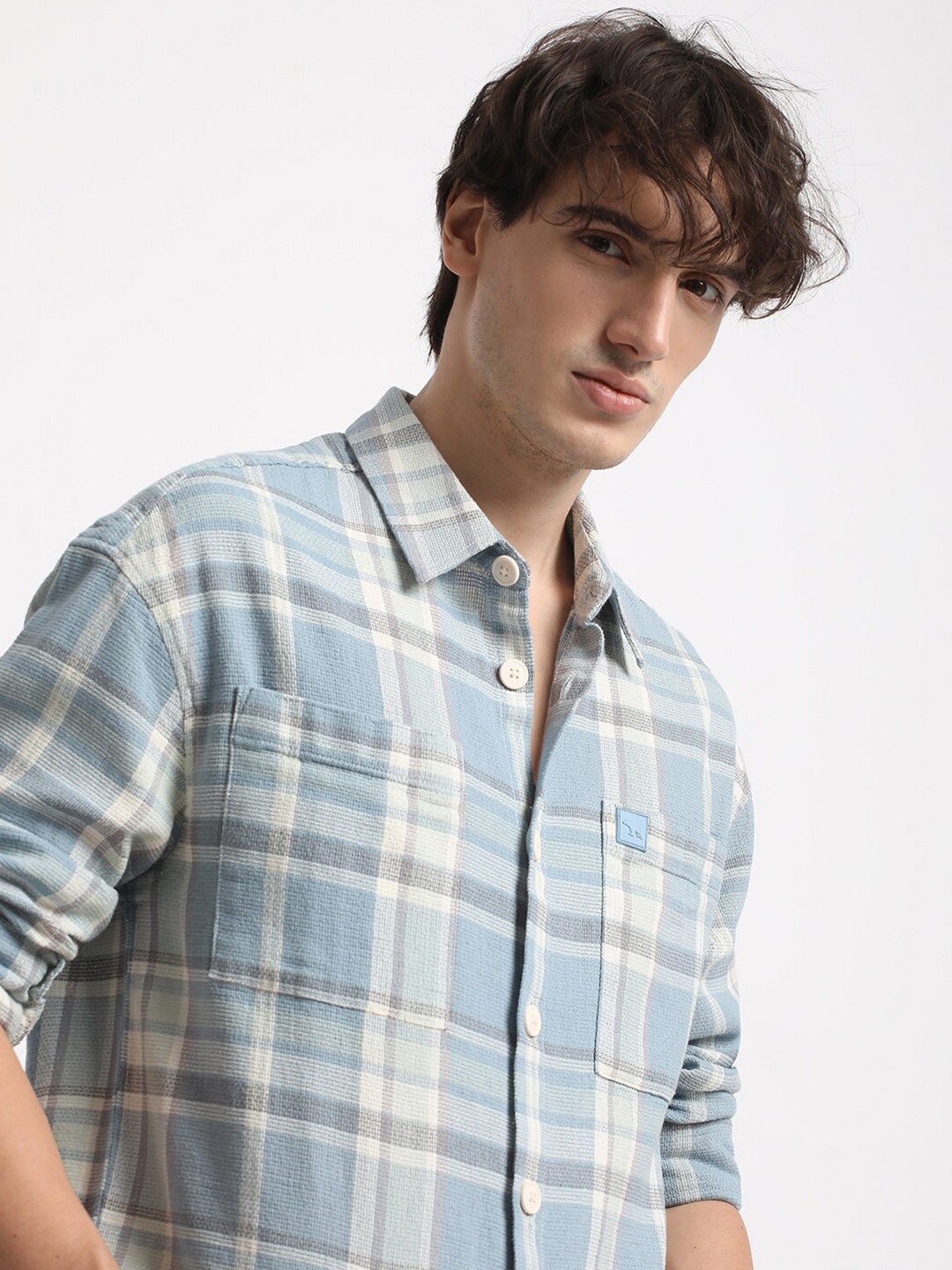 

THE BEAR HOUSE Men Checked Relaxed Fit Shacket, Blue