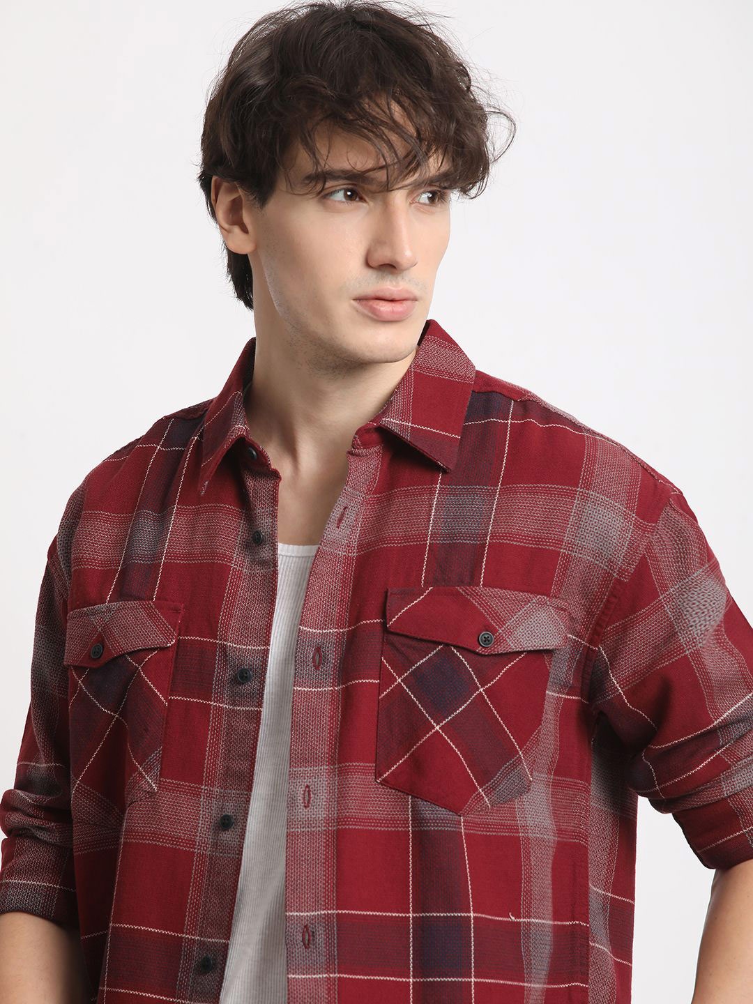 

THE BEAR HOUSE Tartan Checked Spread Collar Long Sleeves Cotton Casual Shirt, Red