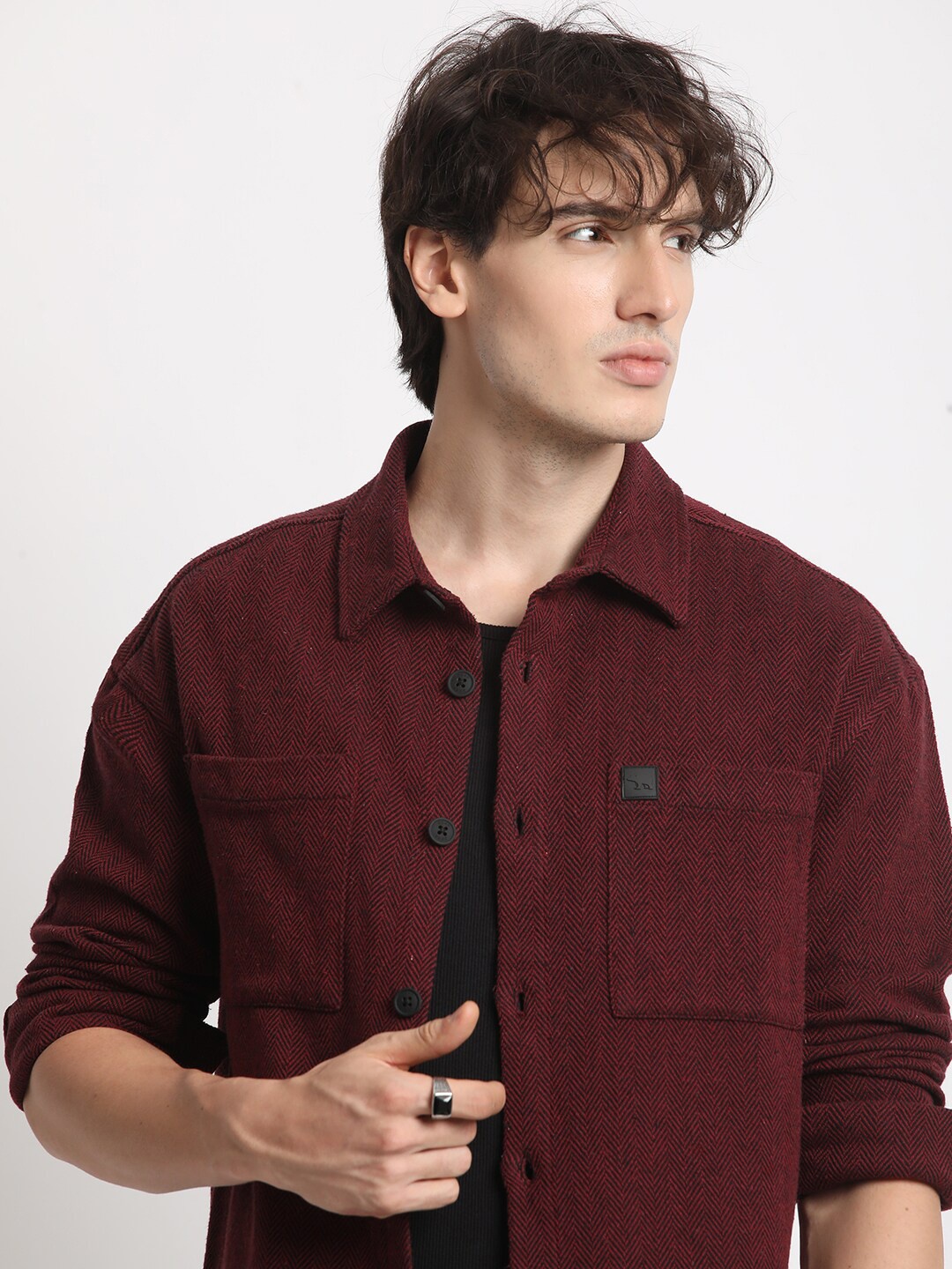 

THE BEAR HOUSE Spread Collar Relaxed Fit Pure Cotton Casual Shacket, Maroon