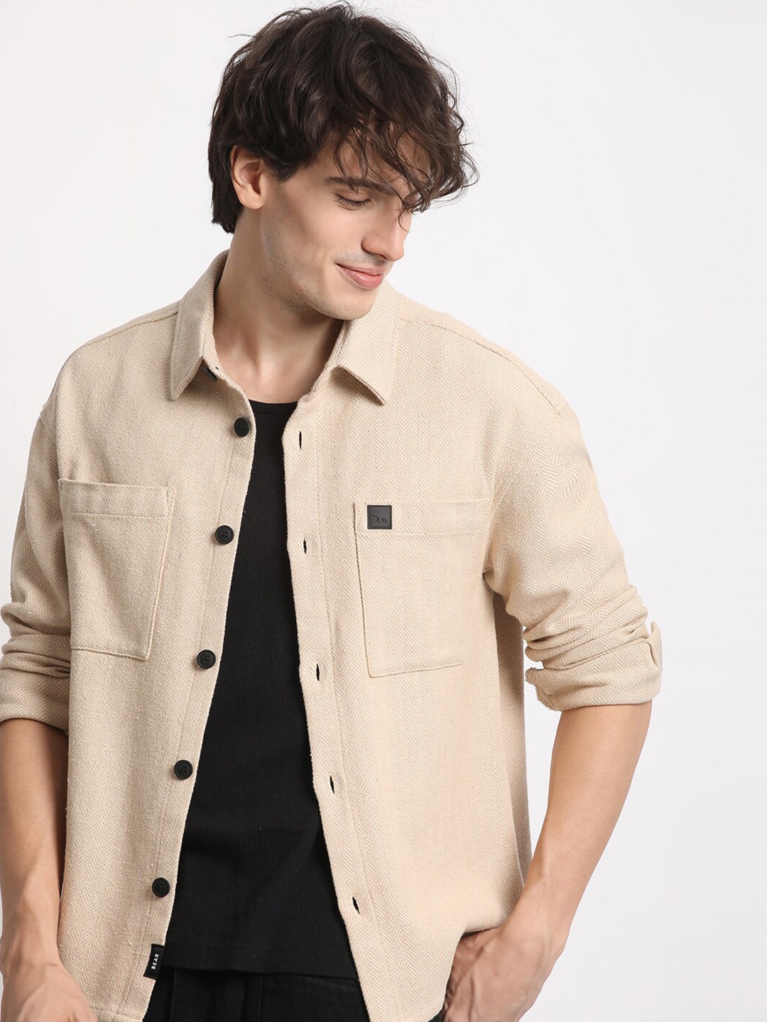 

THE BEAR HOUSE Men Solid Relaxed Fit Cotton Shacket, Beige