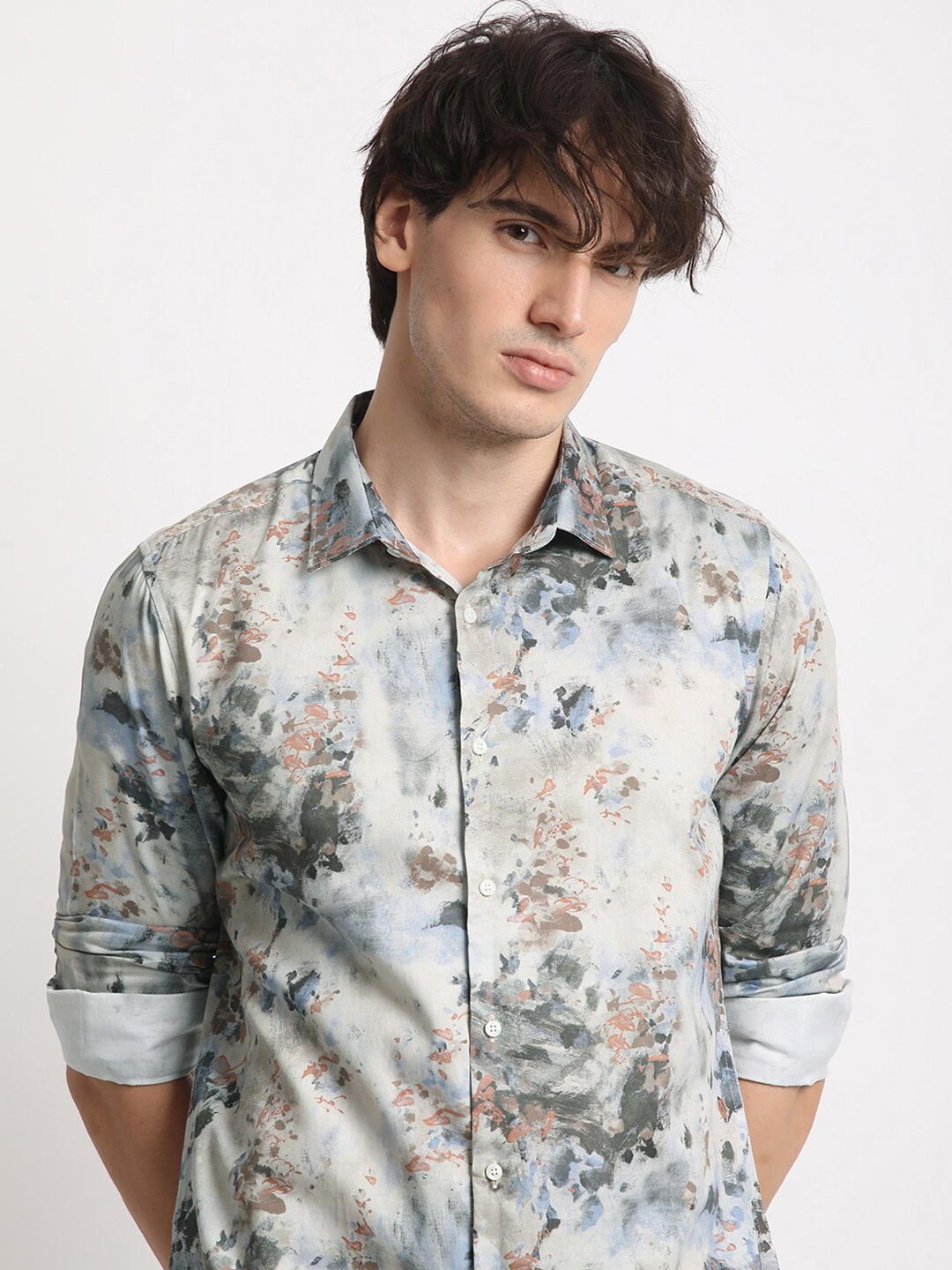 

THE BEAR HOUSE Slim Fit Long Sleeves Spread Collar Cotton Opaque Printed Casual Shirt, Grey