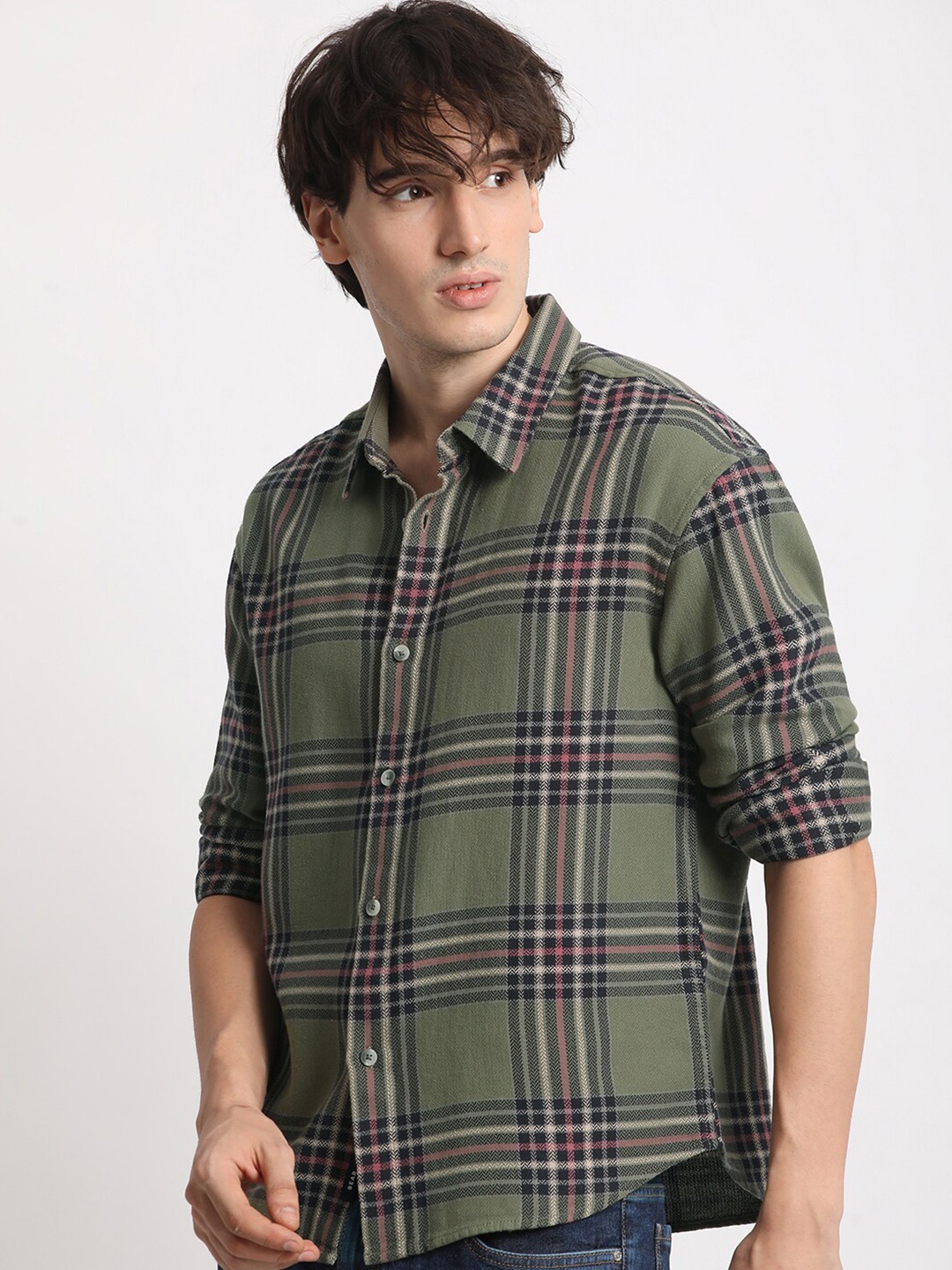 

THE BEAR HOUSE Tartan Checked Spread Collar Long Sleeves Cotton Casual Shirt, Green