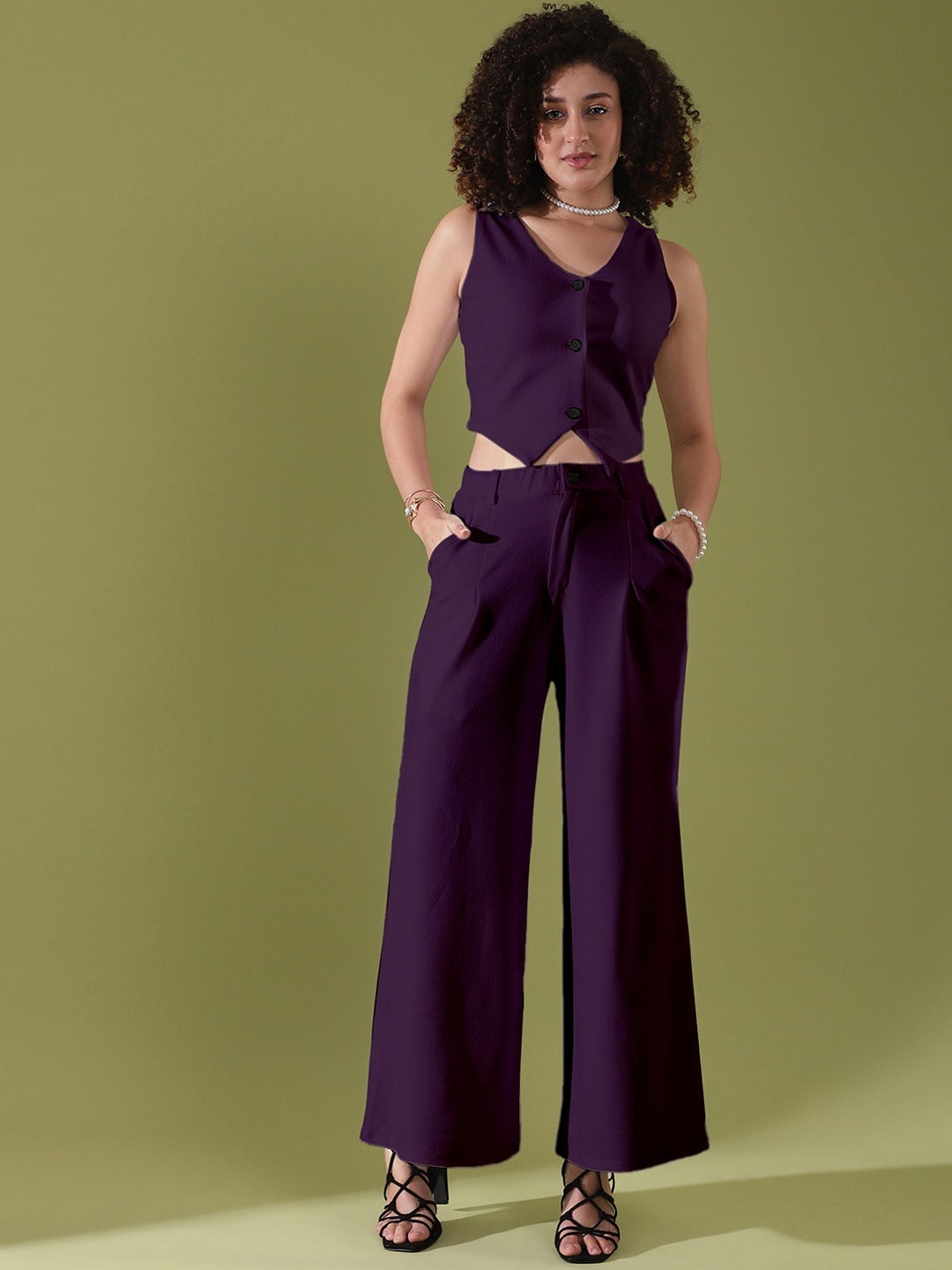 

Selvia V-Neck Crop Top With Trousers, Purple