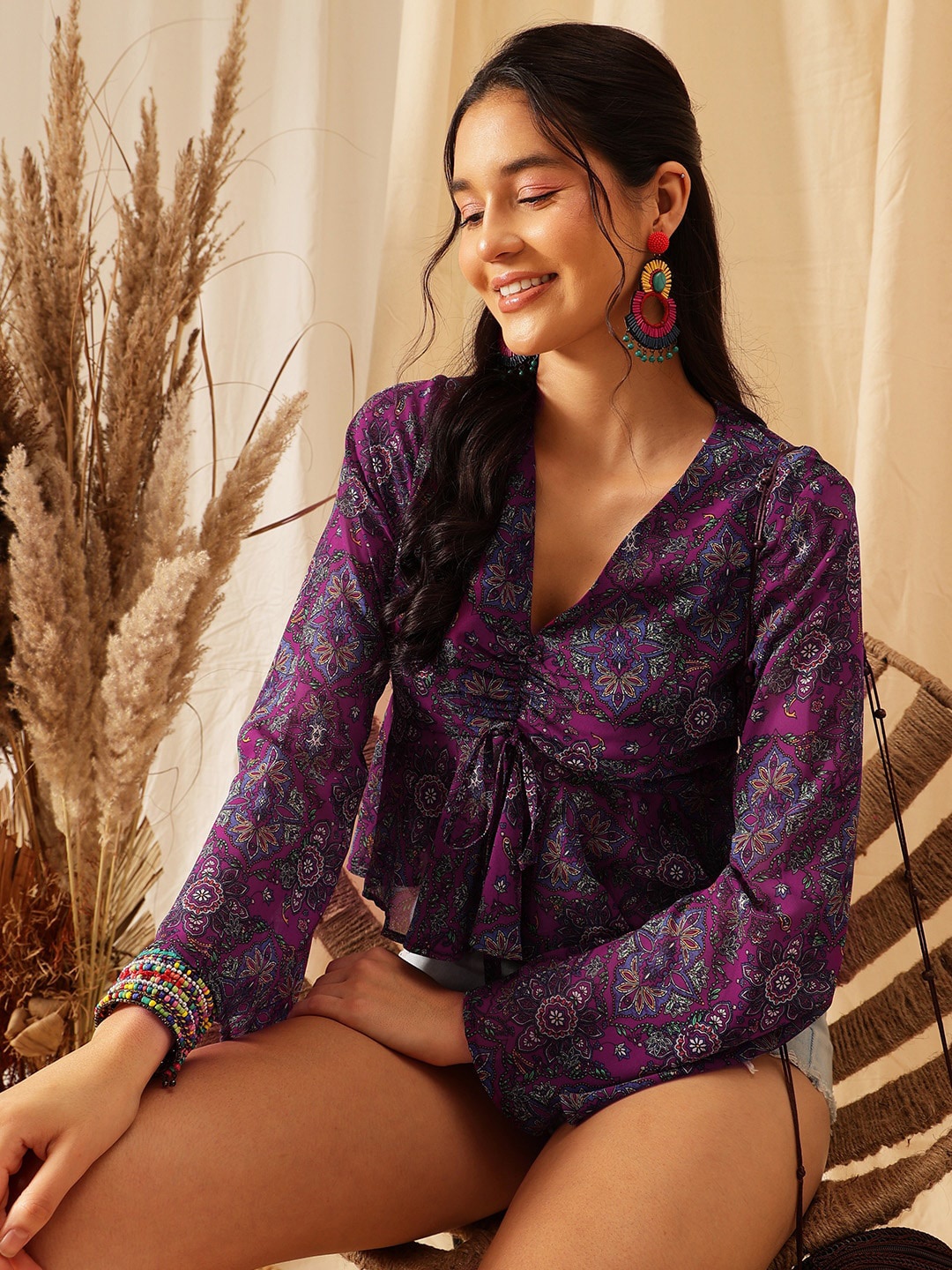 

QUIERO Purple Floral Print Bell Sleeve Georgette Regular Top