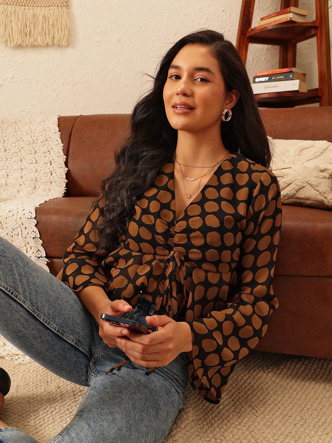 

QUIERO Brown & Black Polka Dots Print V-Neck Bell Sleeve Top