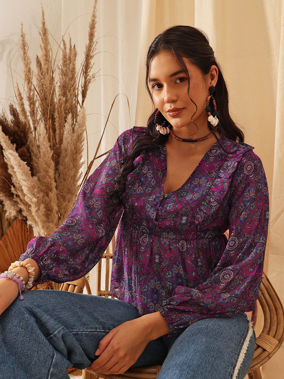 

QUIERO Purple Floral Printed V-Neck Puff Sleeves Empire Top